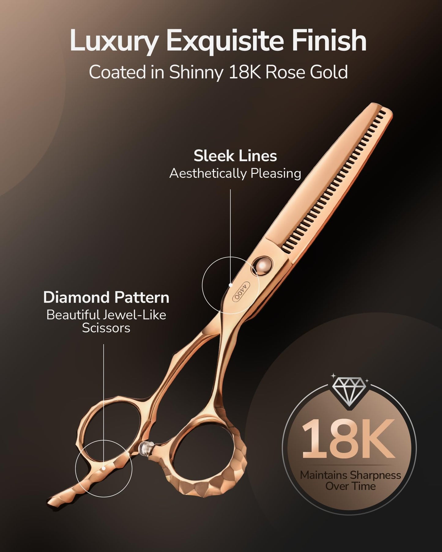 ULG Professional Seamless Hair Thinning Scissors Luxury 18K Rose Gold Coated 6.5" Barber Scissors 440C Japanese Stainless Steel Hand-Honed Convex Blades Offset Handles Tension Adjustable, Right-Handed