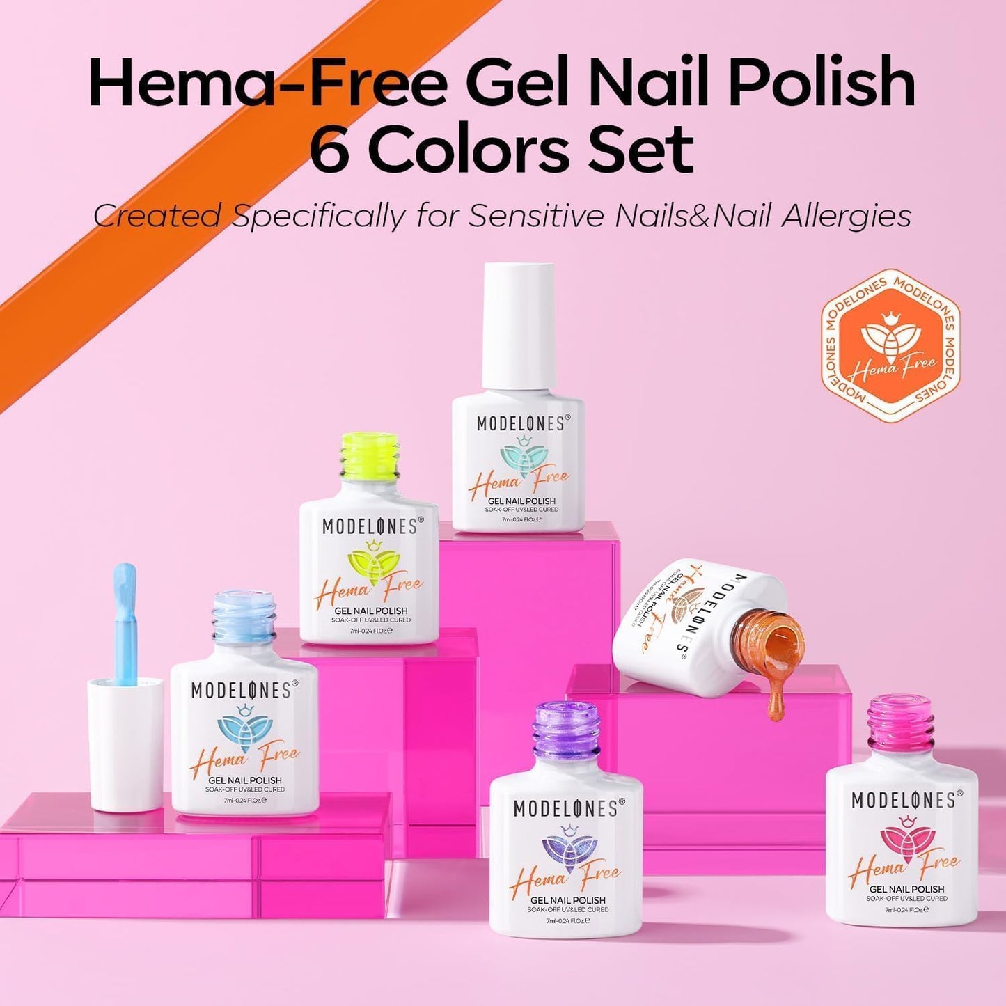 modelones Spring Gel Nail Polish, 6 Colors Tint Neon Hema Free Gel Polish Hot Pink Gittler Purple Blue Orange Yellow Gel Polish Soak Off Uv Led Gel Nail Art Manicure Gift for Girl Women