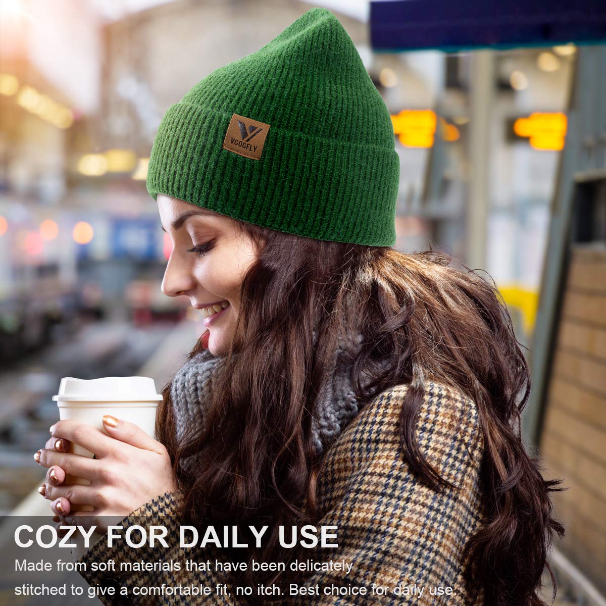Vgogfly Women Knit Beanie Hats Slouchy Winter Knitted Hat Warm Men Soft Cap Ski Cuffed Unisex Green