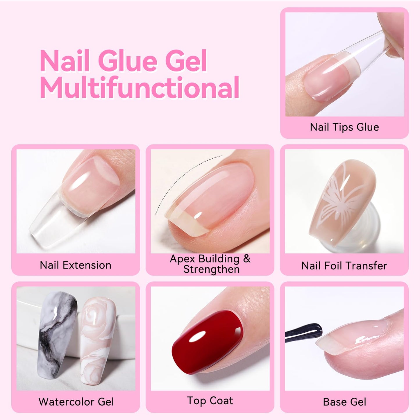 Born Pretty Nail Glue for Tips, 6 in 1 Gel Nail Extension Gel,Blooming Gel,Base Gel Top Coat,Builder and Strengthener Gel for Nail Art Design