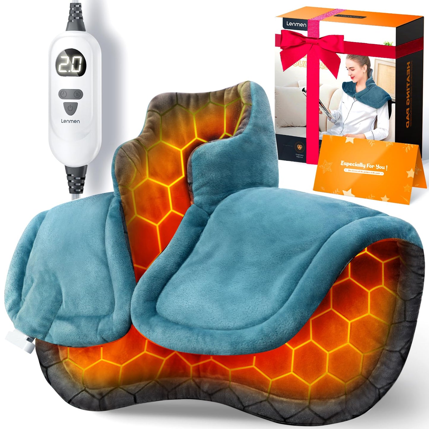 Lenmen Graphene-Infused Heating Pad 3X Deeper Pain Relief, Weighted Instant Heating Pads for Neck and Shoulders, Heated Wrap w/ 6 Heat Options 4 Auto-Off Timer, Gifts for Mom Women Christmas Birthday