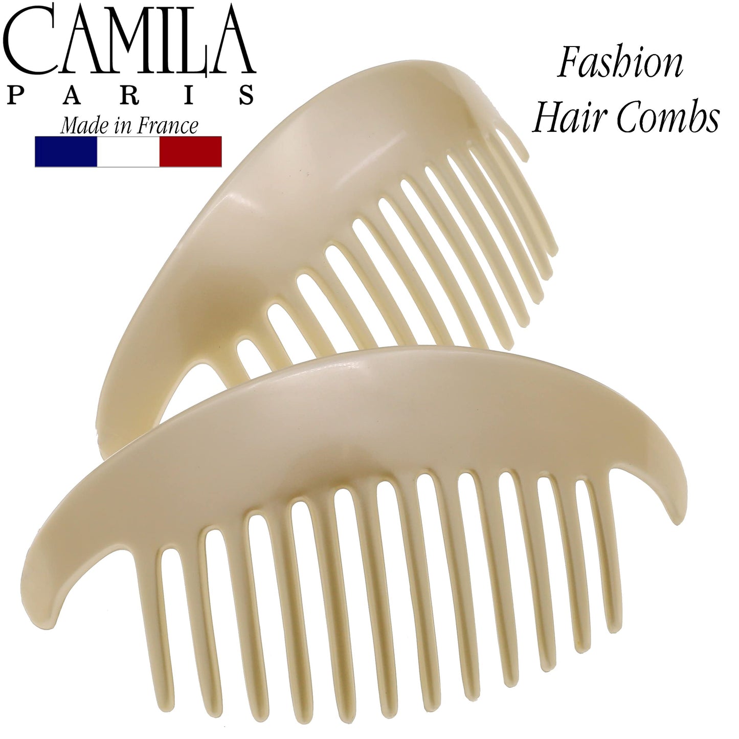 Camila Paris CP3016 French Hair Side Combs, Beige Pearl Interlocking Combs French Twist Hair Combs, Strong Hold Hair Clips for Women Bun Chignon Up-Do, Styling Girls Hair Accessories, Made in France