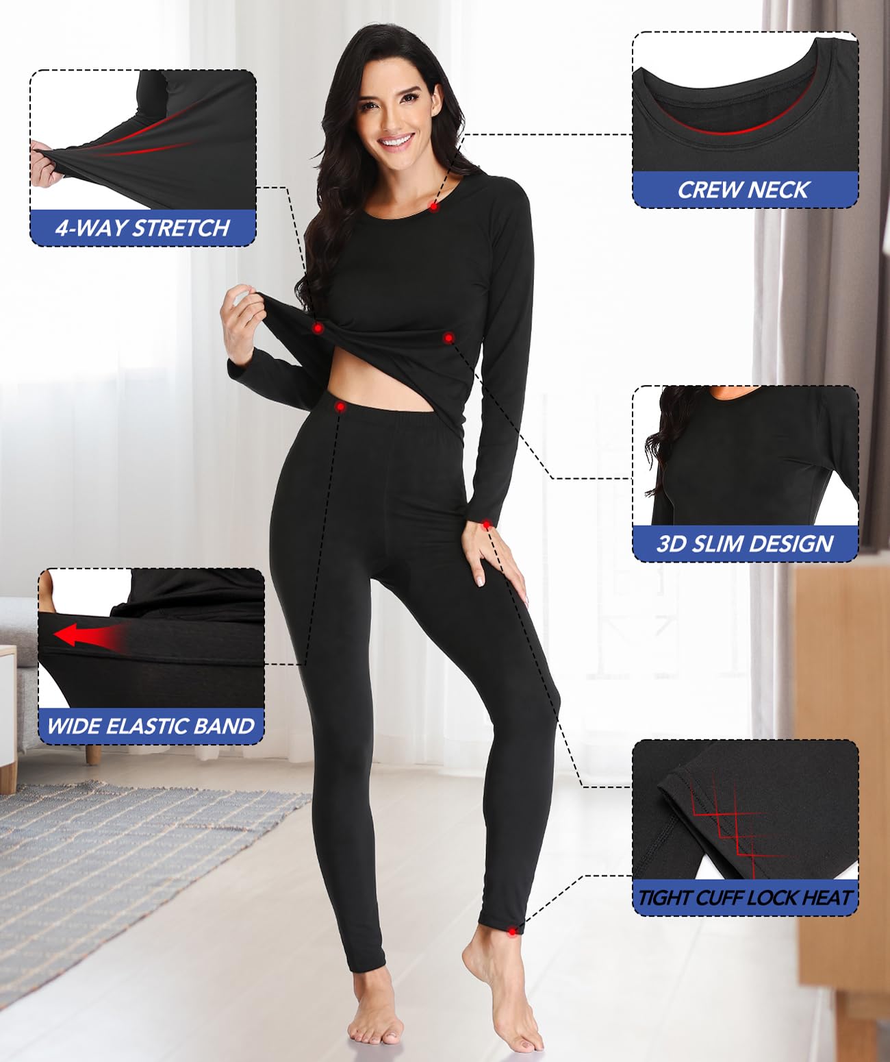 TEEPIRE Women 's Thermal Underwear Set with Lightweight Ultra Soft Fleece Lined,Long John Set, Moisture-Wicking Skiing Base Layer (Medium) Black