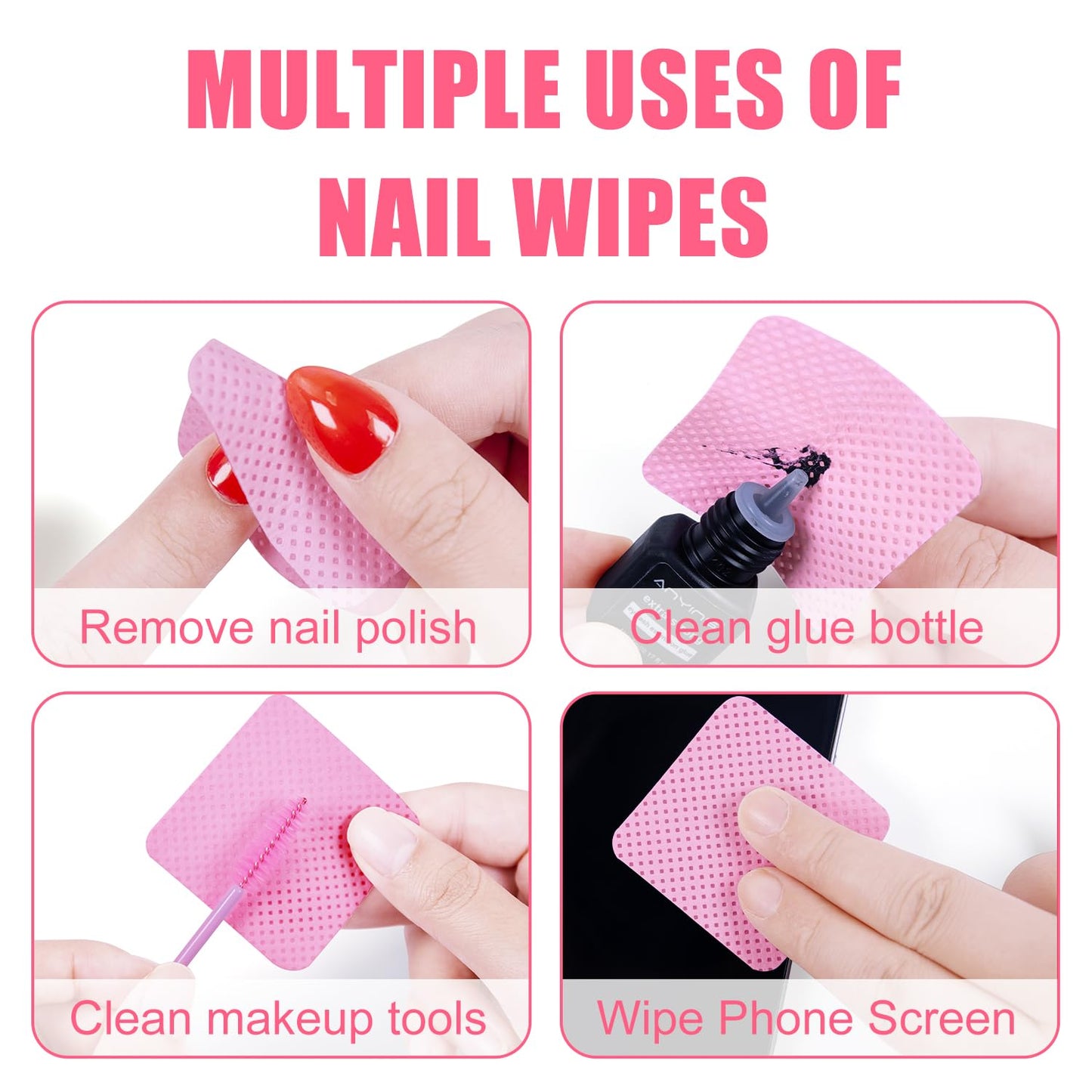 NXJ INFILILA 1080PCS Lint Free Nail Wipes Kit, Pink Gel Nail Polish Remover Set with 1PCS Acetone Pump Dispenser Bottle 200ml(6.8oz) for Professional Soak Off Gel Polish Remover