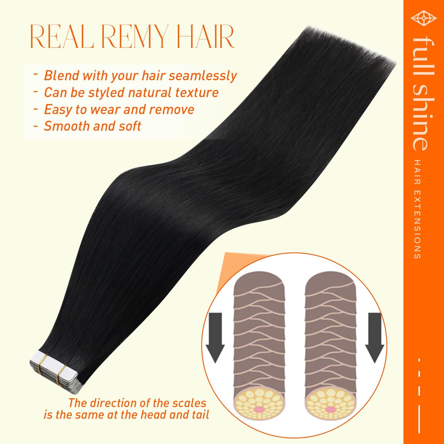 Full Shine Tape in Hair Extensions Human Hair 20 Inch Soft Straight Tape Extensions Color 1 Jet Black Invisible Tape in Hair Extensions 40 Pcs Seamless Skin Weft Hair Extensions Tape in 100Gram