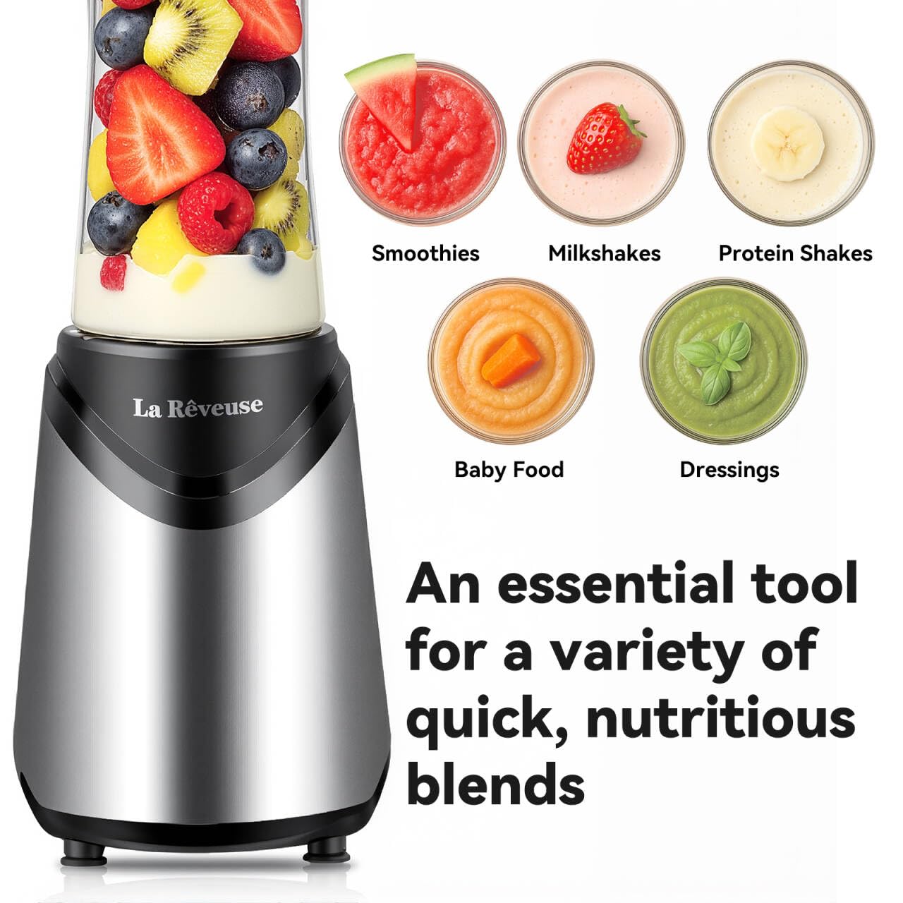 La Reveuse Smoothies Blender Personal Size 300 Watts with 18 oz BPA-Free Portable Travel Sports Bottle, Silver