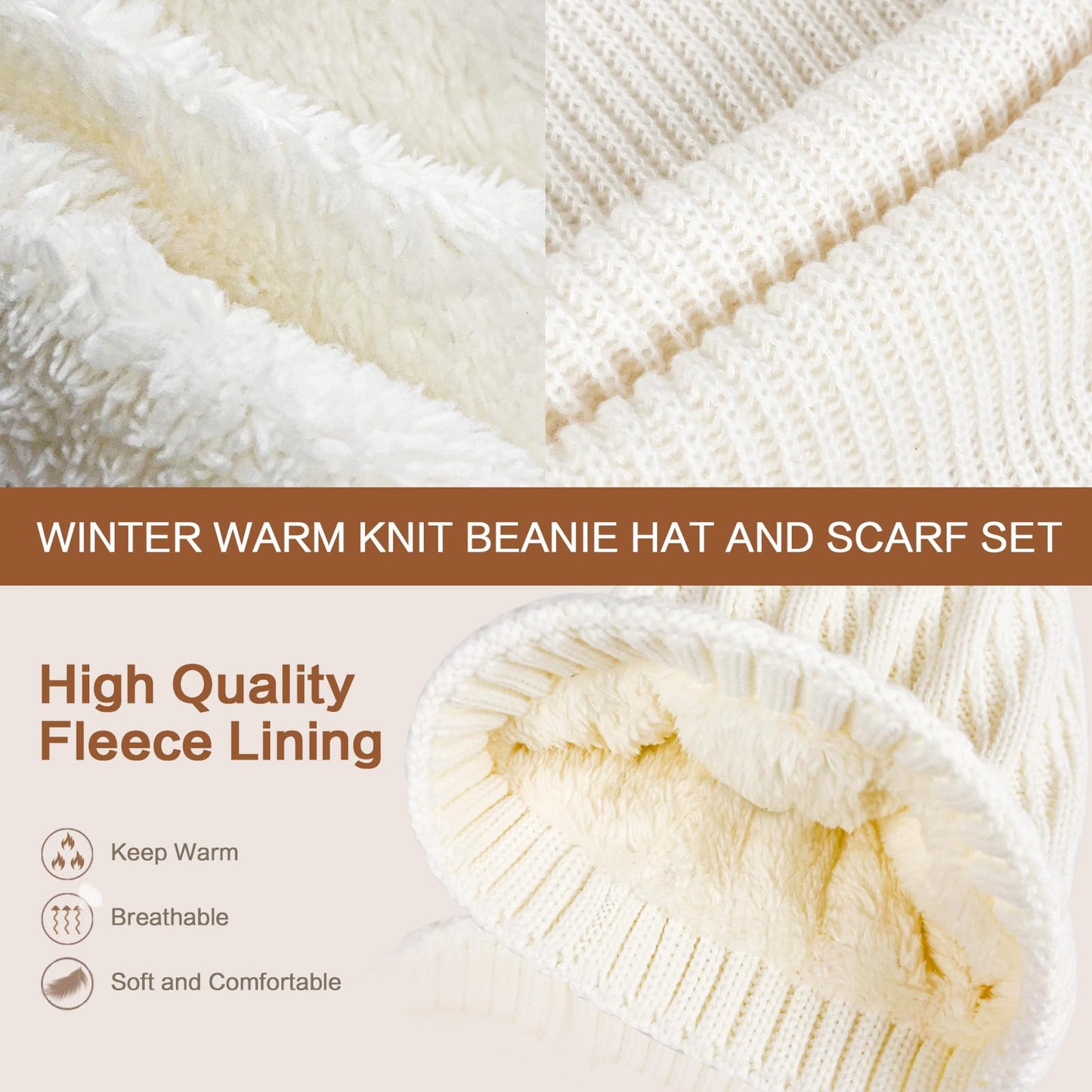 Pink Winter Knit Beanie Hat Scarf Gloves Set for Women, Fleece Lined Chunky Beanie Hats with Pom Pom Neck Warm Scarf Touchscreen Gloves 3 in 1 Set
