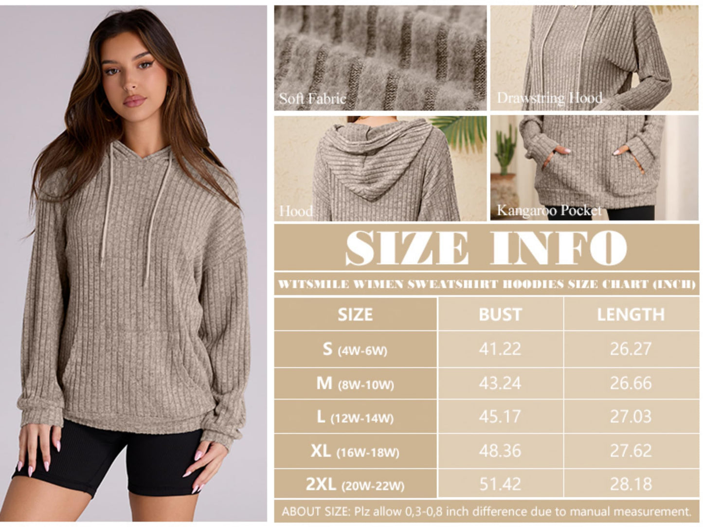 Witsmile Womens Oversized Hoodies Lightweight Sweatshirts Long Sleeve Pullover with Pocket 2024 Fall Winter Outfits Y2k Clothes Black