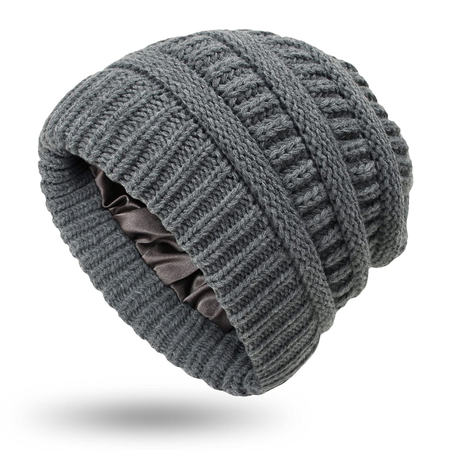 Muryobao Womens Winter Warm Knitted Hat Satin Silk Lined Cable Knit Beanie Chunky Slouchy Skull Cap Dark Grey