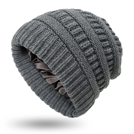 Muryobao Womens Winter Warm Knitted Hat Satin Silk Lined Cable Knit Beanie Chunky Slouchy Skull Cap Dark Grey