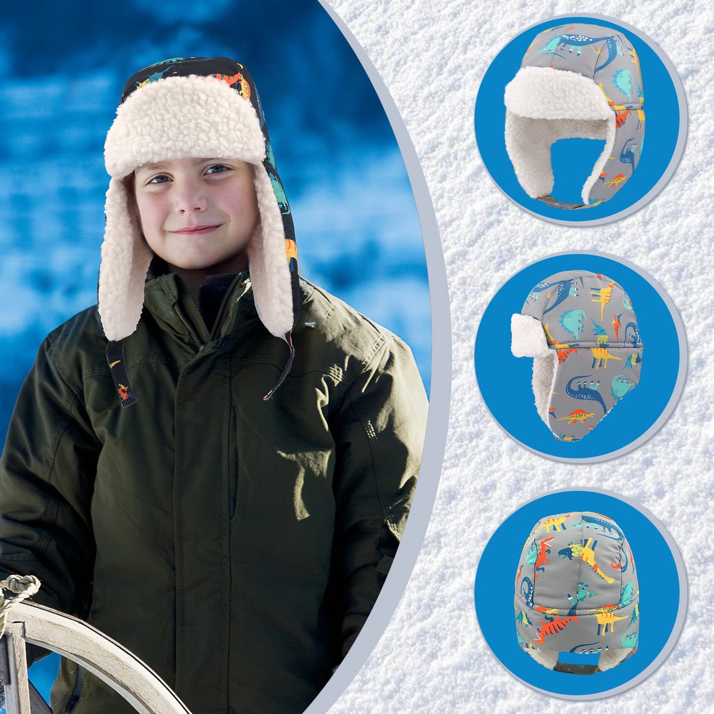 Winter Trapper Hat for Boys Girls Waterproof Warm Baby Toddler Ushanka Fleece Beanie Hats for 6M-6T (Orange Grey Dinosaur, 4-6T)