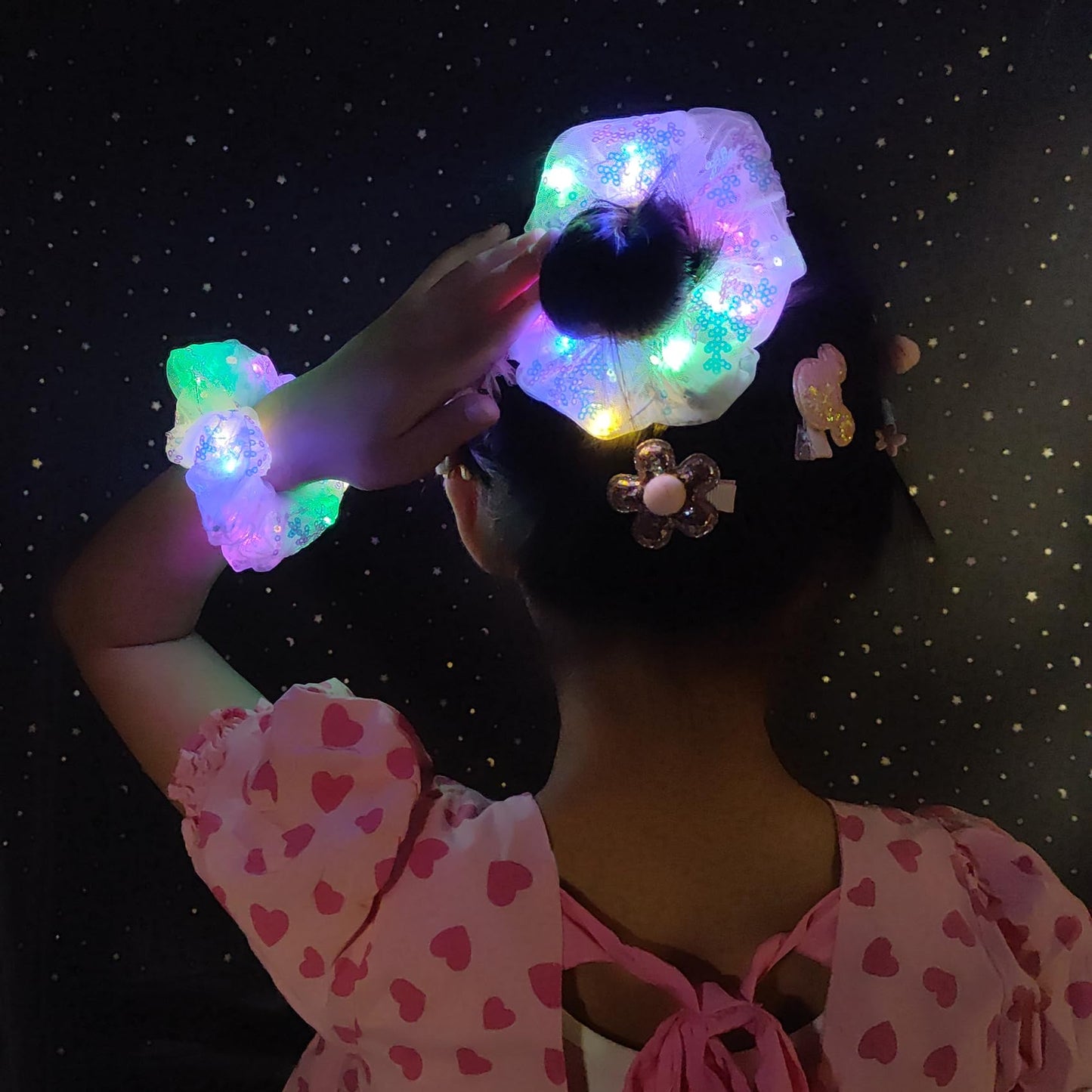 4 Pcs Light Up Hair Accessories for Girls Women, Sparkly Sequins Hair Scrunchies, Multi Light Modes LED Hair Tie for Movie Night Supplies, Glow in The Dark Scrunchies for Rave Neon Slumber Party