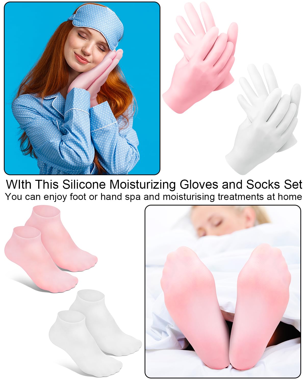 BLATOWN 2 Pairs Silicone Moisturizing Glove Socks Set, Anti Slip Soft Spa Gel Socks Softening Feet Dry Cracked Skin, Women Spa Pedicure Socks for Foot Hand Softening, Foot Care After Pedicure (White)