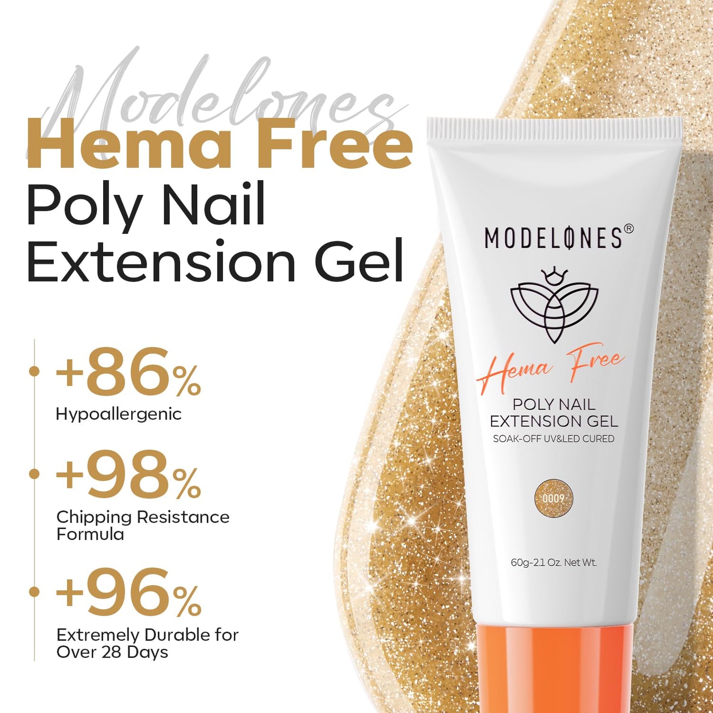 modelones Poly Nail Gel Kit, Hema-Free 60ML Sparkling Gold Gel Nail Enhancement Thickening Diamond Glossy Builder Overlays Home DIY Salon Use