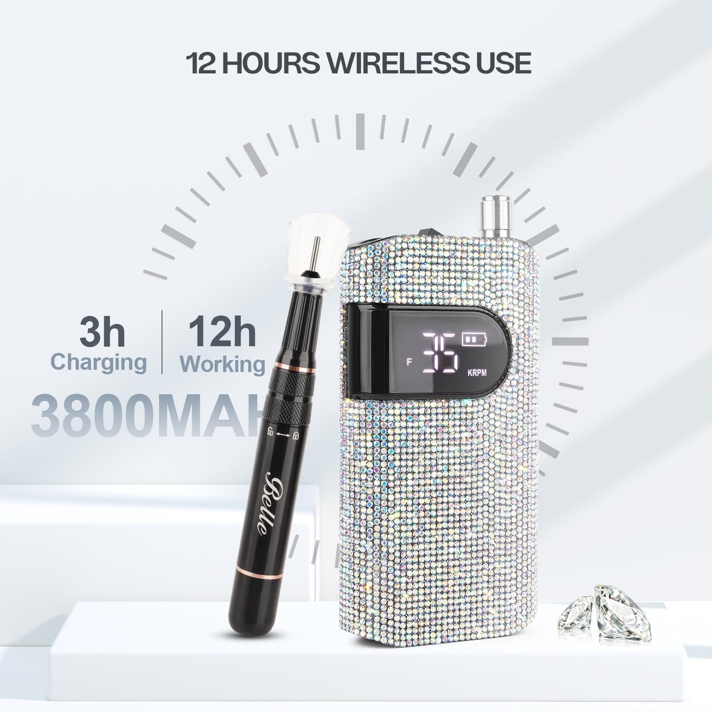 Professional Rechargeable Nail Drill Machine, Belle 35000RPM Electric Nail File Cordless Portable Nail Drill with Coreless Motor for Acrylic Nails, Manicure Pedicure Tool, Crystal Diamond