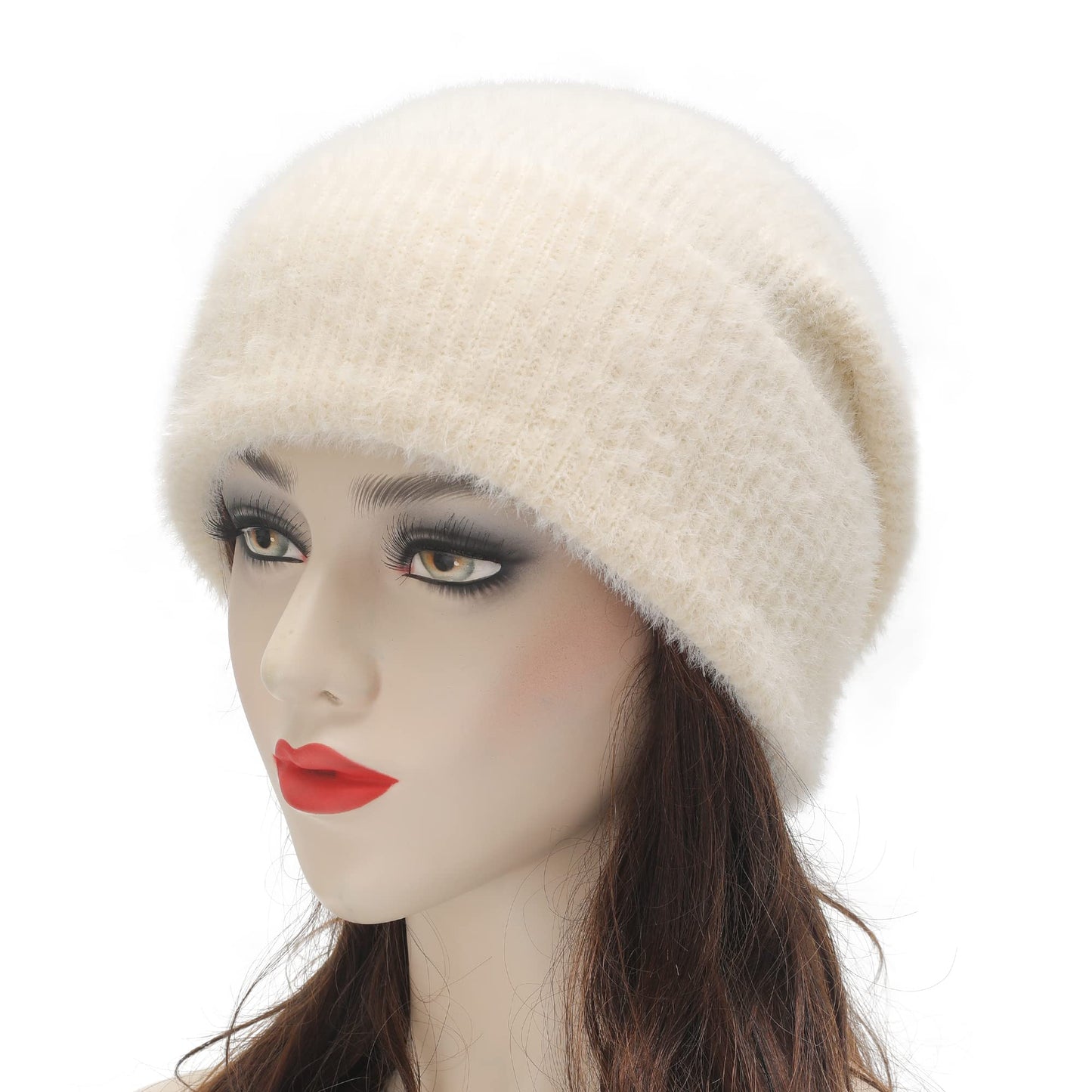 ZLYC Winter Slouchy Beanie Hat Warm Ribbed Knit Stretch Skull Cap for Women Men (Plain White)