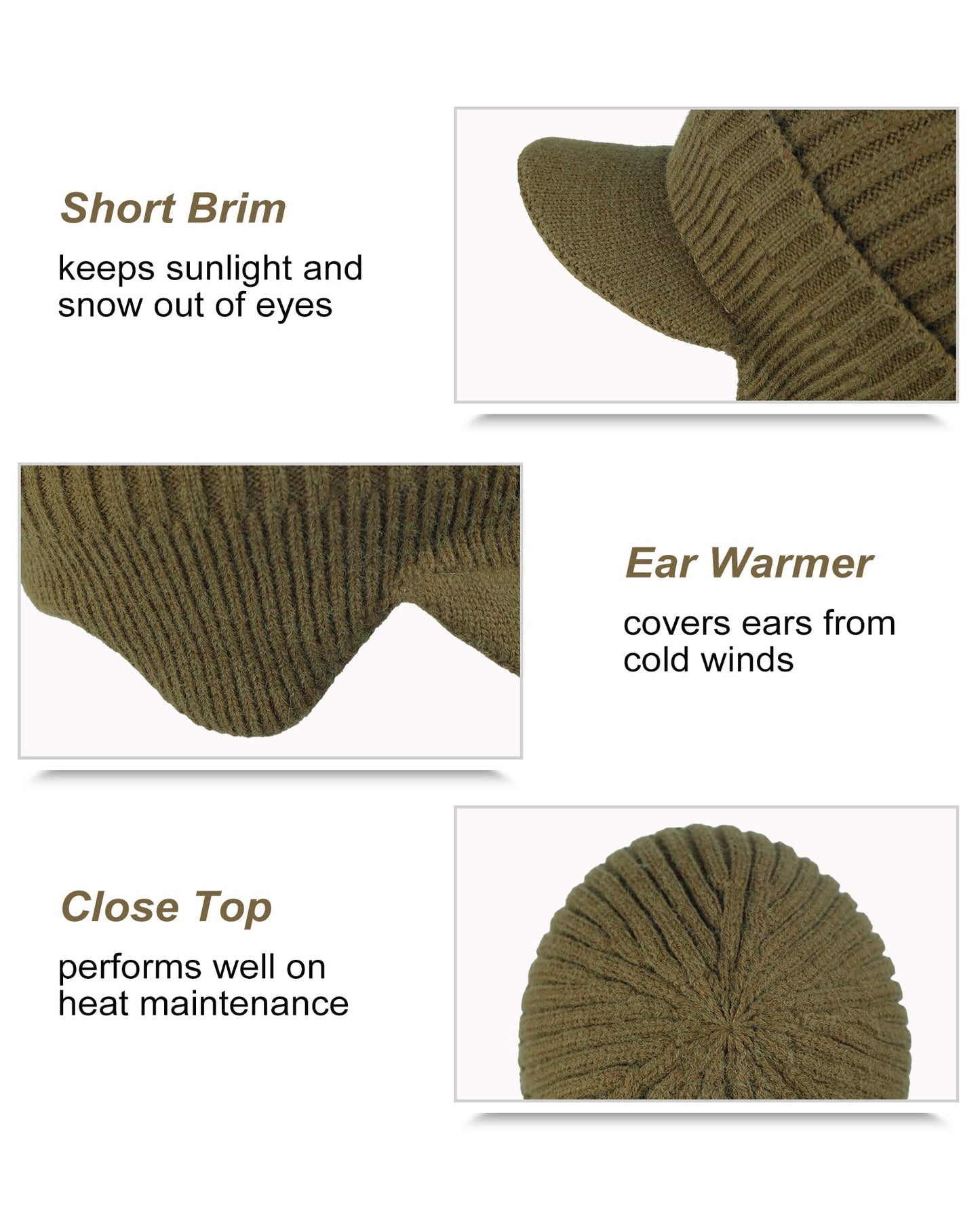 Koreshion Men's Winter Visor Beanie Hat with Earflaps Knit Baseball Cap with Brim Ski Hat Warm Fleece Lined Hunting Hat Khaki