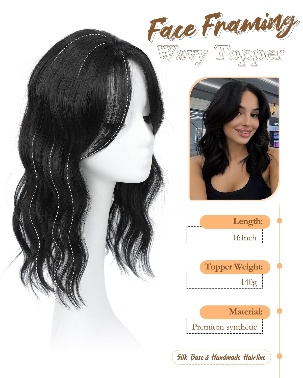 PANEWAY Hair Topper 16Inch Hair Toppers For Women Wavy Curly Natural Black Clip In Hair Topper Add Hair Volume Synthetic Wiglets Hair Pieces For Women
