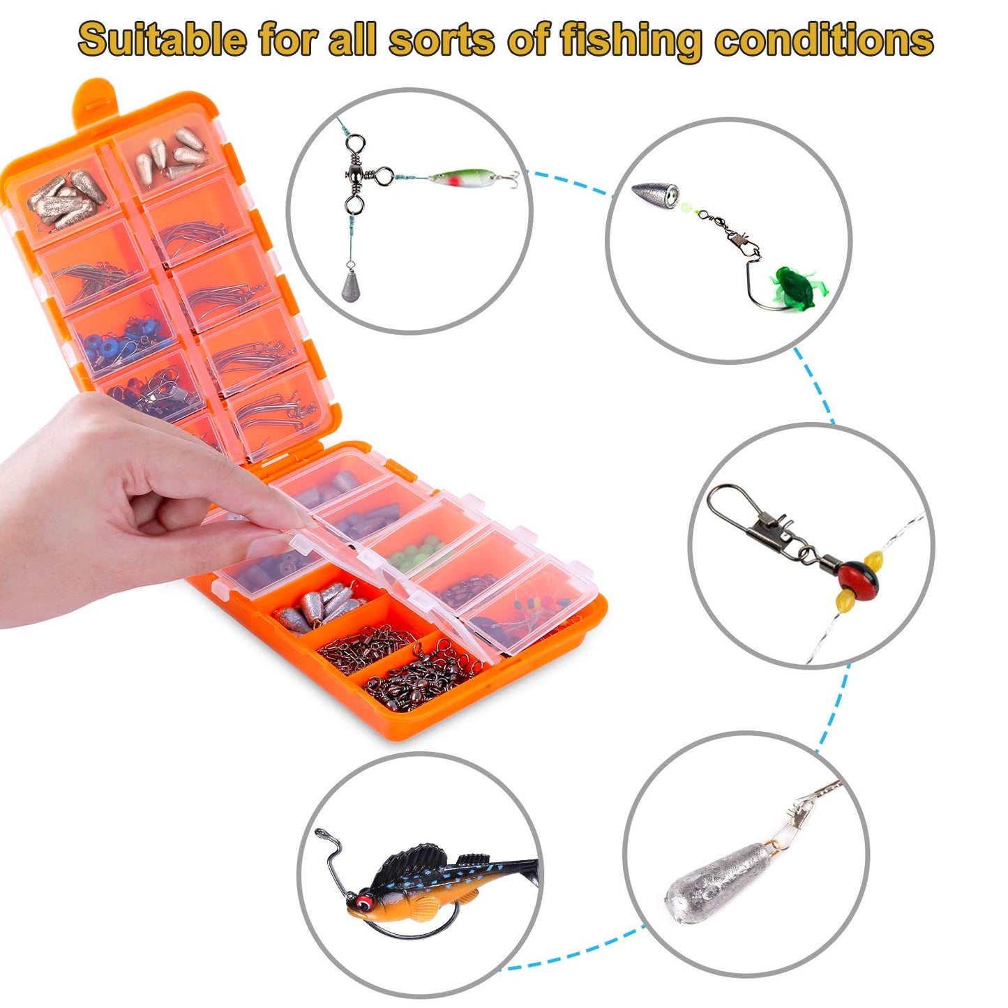 TOPFORT 187/343pcs Fishing Accessories Kit, Including Jig Hooks, Bullet Bass Casting Sinker Weights, Fishing Swivels Snaps, Sinker Slides, Fishing Set with Tackle Box