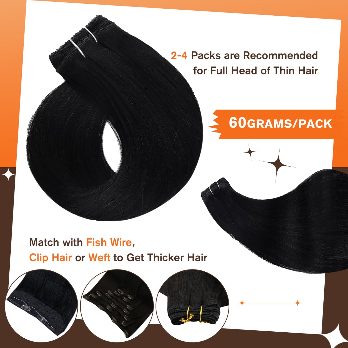 Full Shine Clip in Hair Extensions Jet Black Human Hair 16Inch Human Hair Clip in Extensions Double Weft Invisible And Comfortable for Thin Hair Lace Weft Straight Remy Hair Extensions 3Pcs 60Grams
