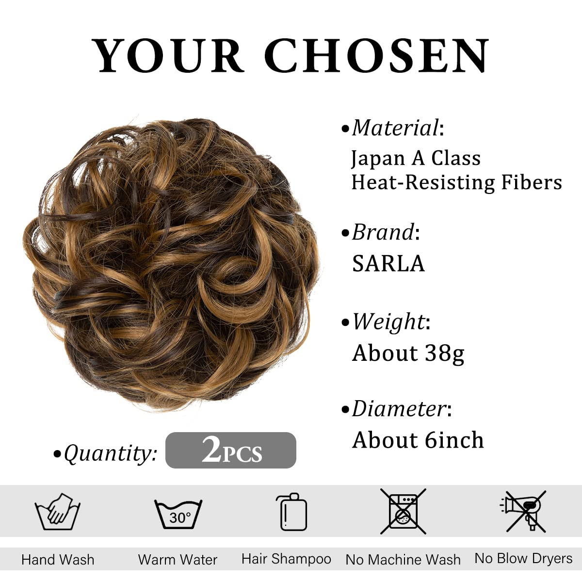 SARLA 2PCS Messy Hair Bun Hair Pieces Wavy Curly Synthetic Updo Fake Scrunchies Ponytail Extension for Women Dark Brown/Beach Blonde Highlight