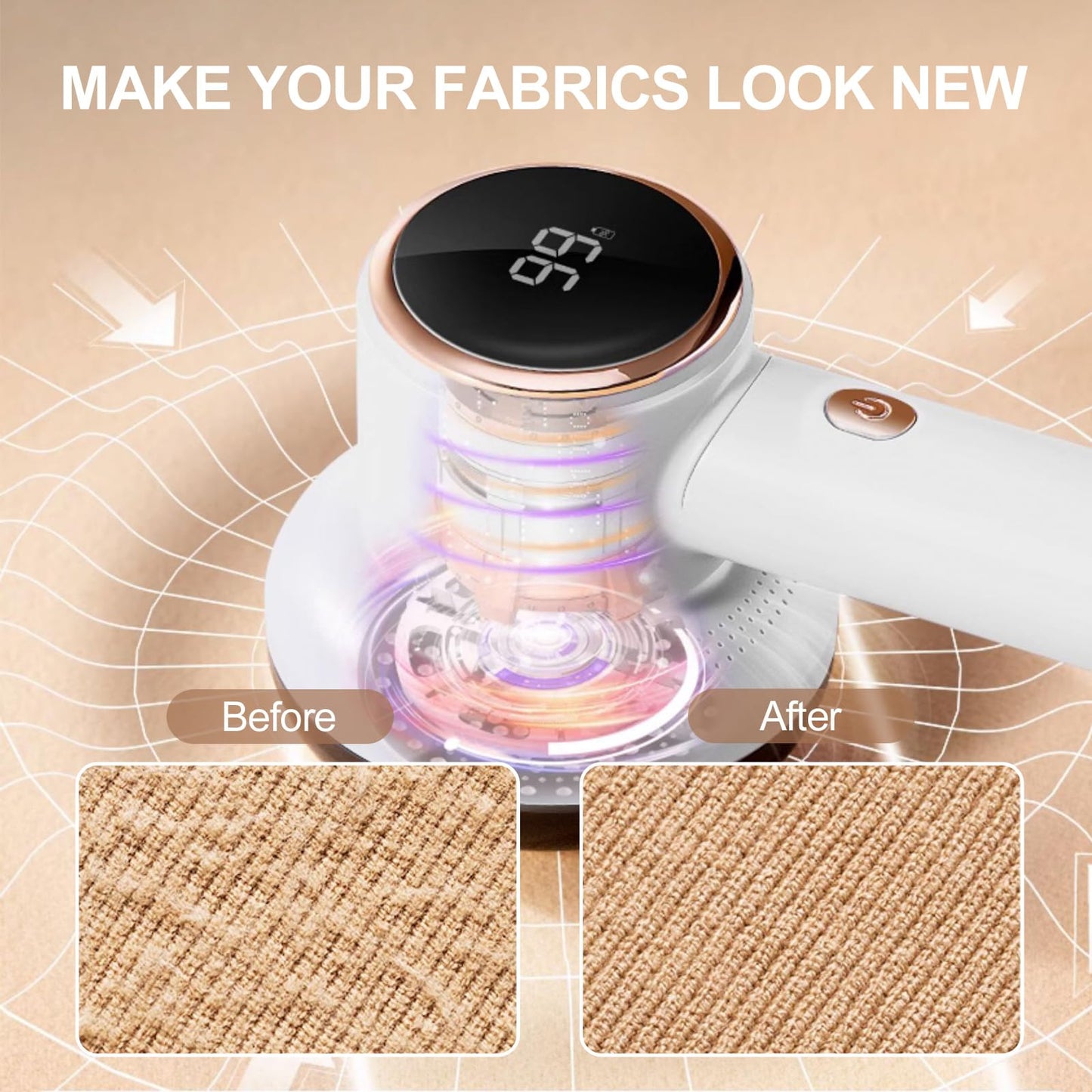 Fabric Shaver Lint Remover for Clothes with 2 Speeds, Digital Display, 6 Leaf Blades, USB Rechargeable Sweater Defuzzer to Remove Pilling Fuzz Ball for Furniture, Couch, Coat.
