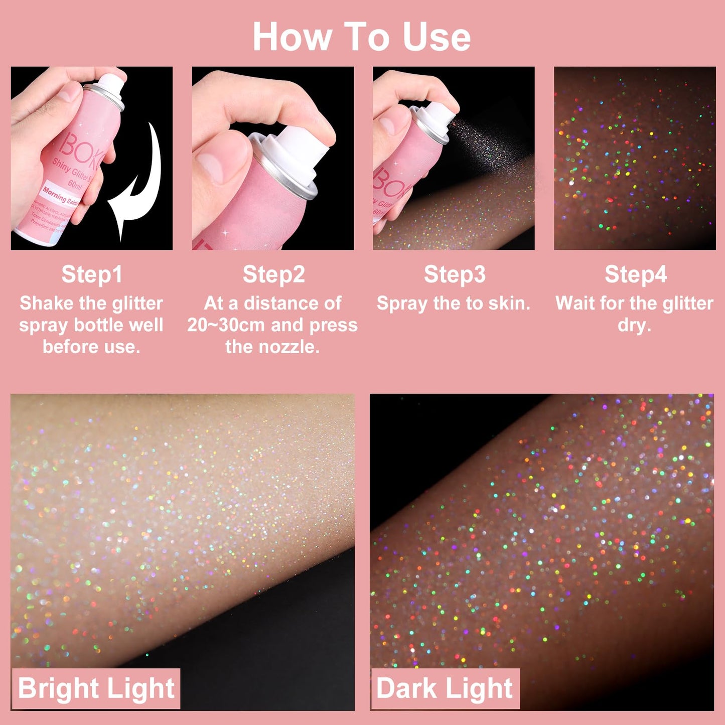 Boko Body Glitter Spray, 60ML Holographic Silver Glitter Spray for Body Hair Clothes, Quick-Drying and Long-Lasting Glitter Hairspray Body Shiny for Festival Music Concert Party Rave Accessories