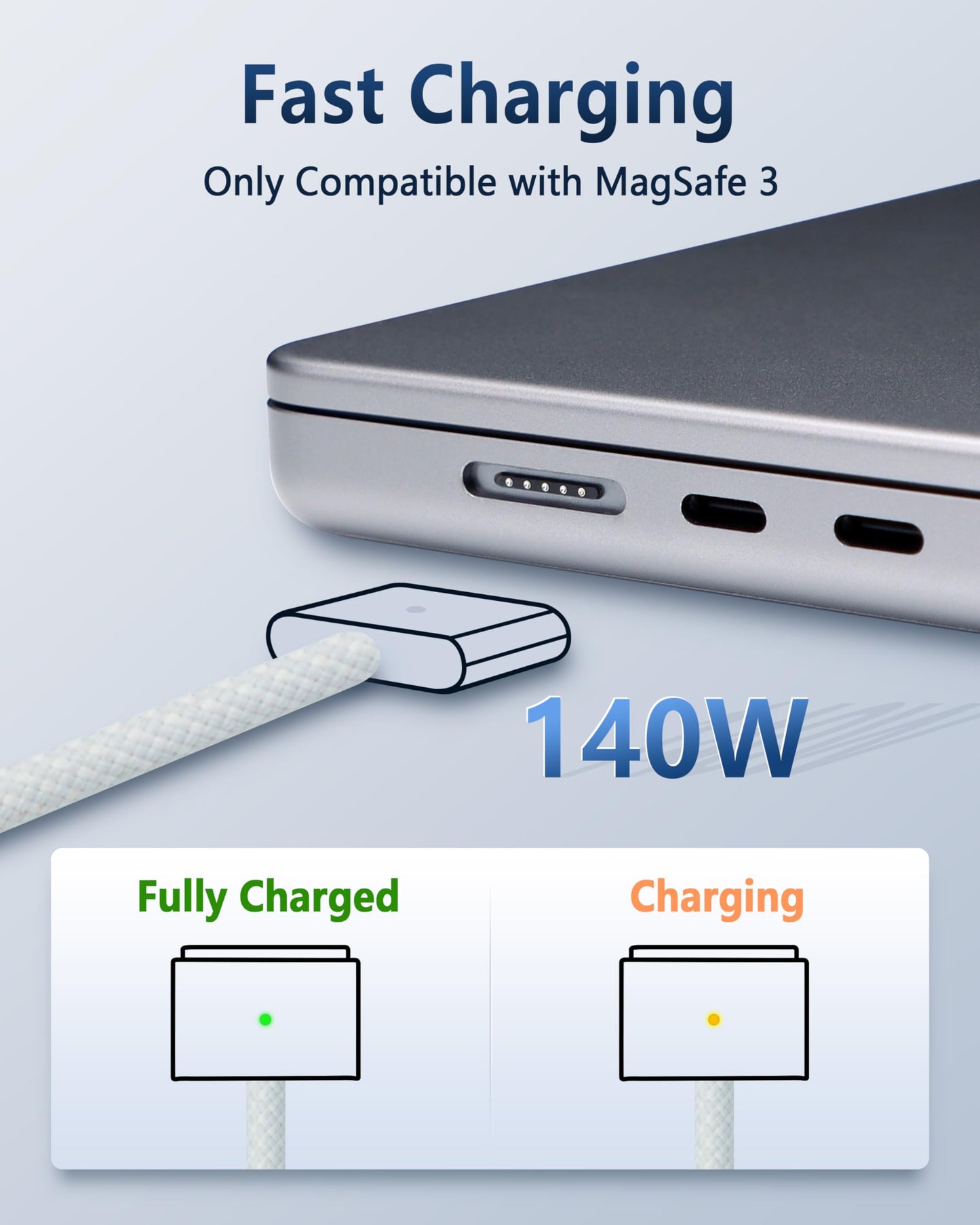 DERLULU USB-C to Magnetic 3 Fast Charging Cable (2 m/6.6 ft), USB C Cable Compatible with MacBook Air (15''/13'' M3 2024, 15" M2 2023, 13" M2 2022), MacBook Pro (16"/14" 2023/2021), Silver