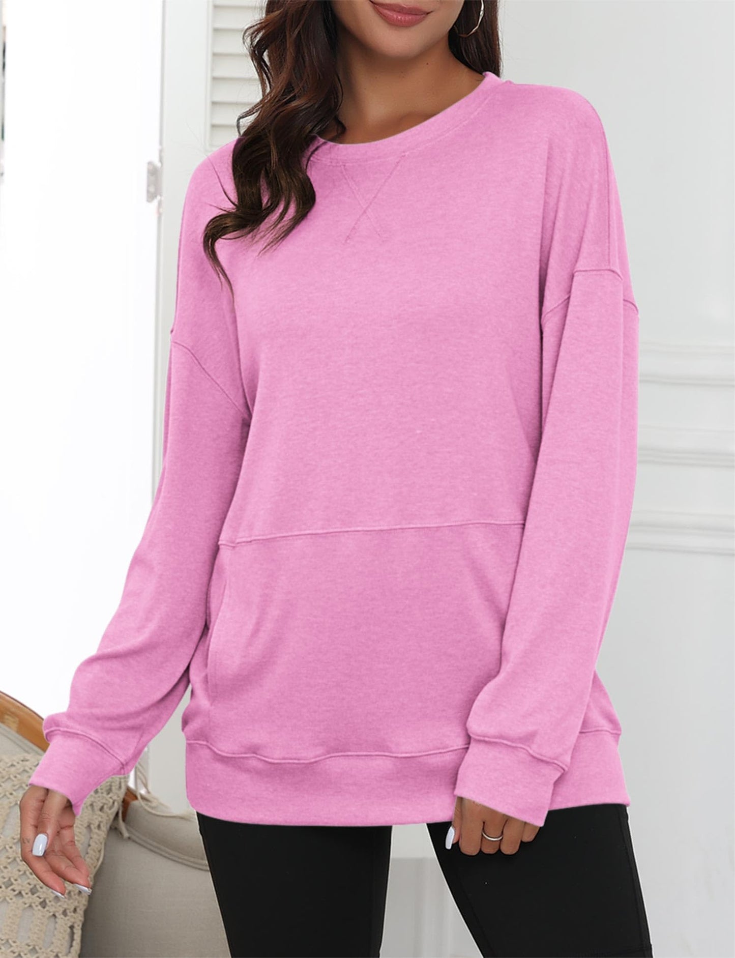 Poetsky Crewneck Sweatshirts Women with Pockets Fall Winter Soft Comfy Long Sleeve Lightweight Sweatshirts XL Pink