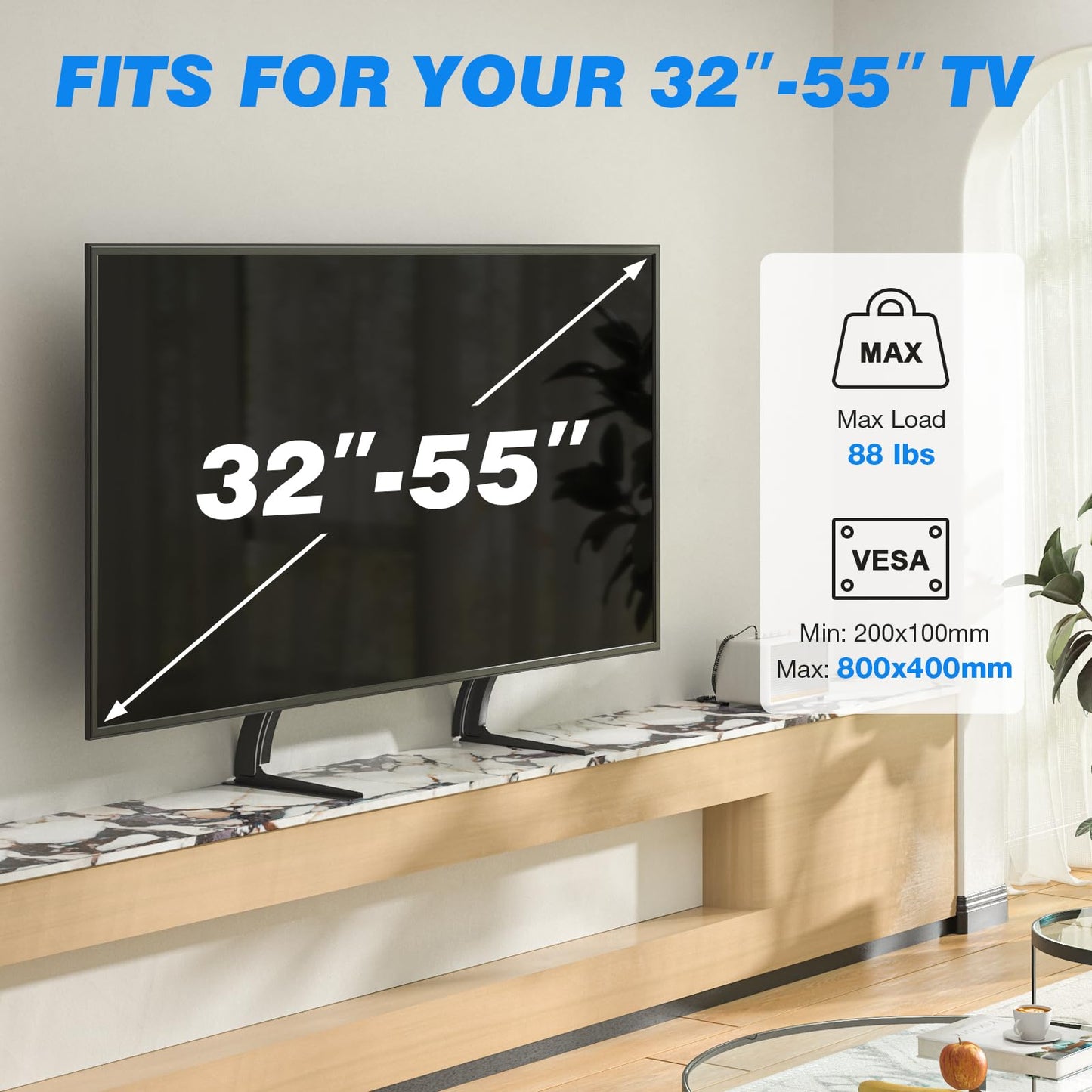 Rfiver Universal Table Top TV Stand Base TV Legs with Height Adjustment fits Most 32-55 Inch LCD LED Flat Screen TVs, Max VESA 800x400 mm, TV Feet Mount Holds up to 88 lbs, Black