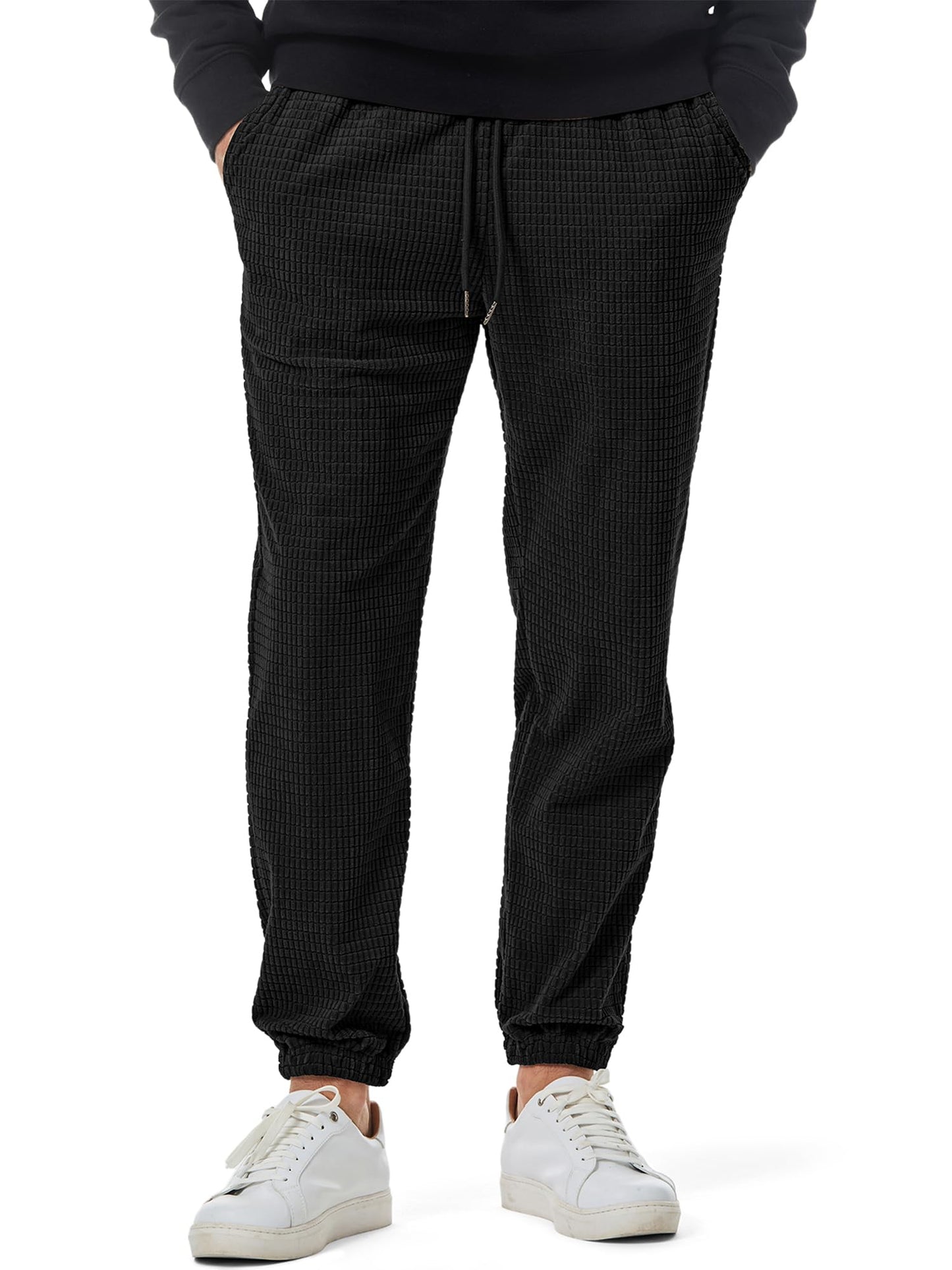 JMIERR Sweatpants for Men Casual Waffle Pants Drawstring Stretch Elastic Waist Winter Textured Tapered Joggers with Pockets, 2XL, Black