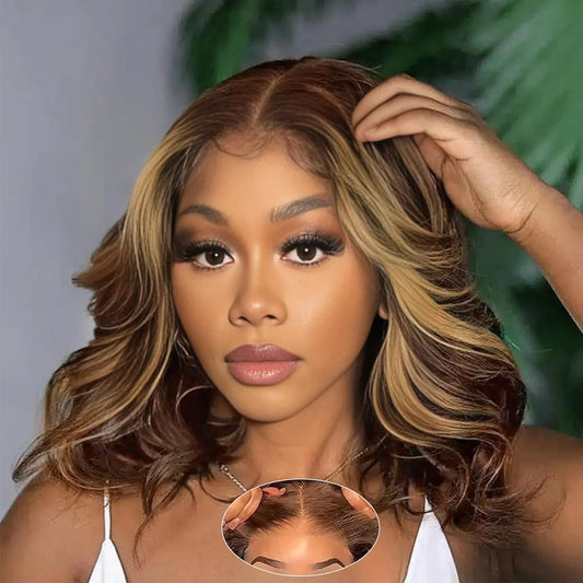 Tinashe 12Inch Wear and Go Glueless Bob Wig Human Hair Highlight Bob Wig Human Hair Honey Blonde 5x6 Body Wave Wigs for Beginners Glueless Short Bob Wig(12inch,P4/27 Loose Body Bob Wig)