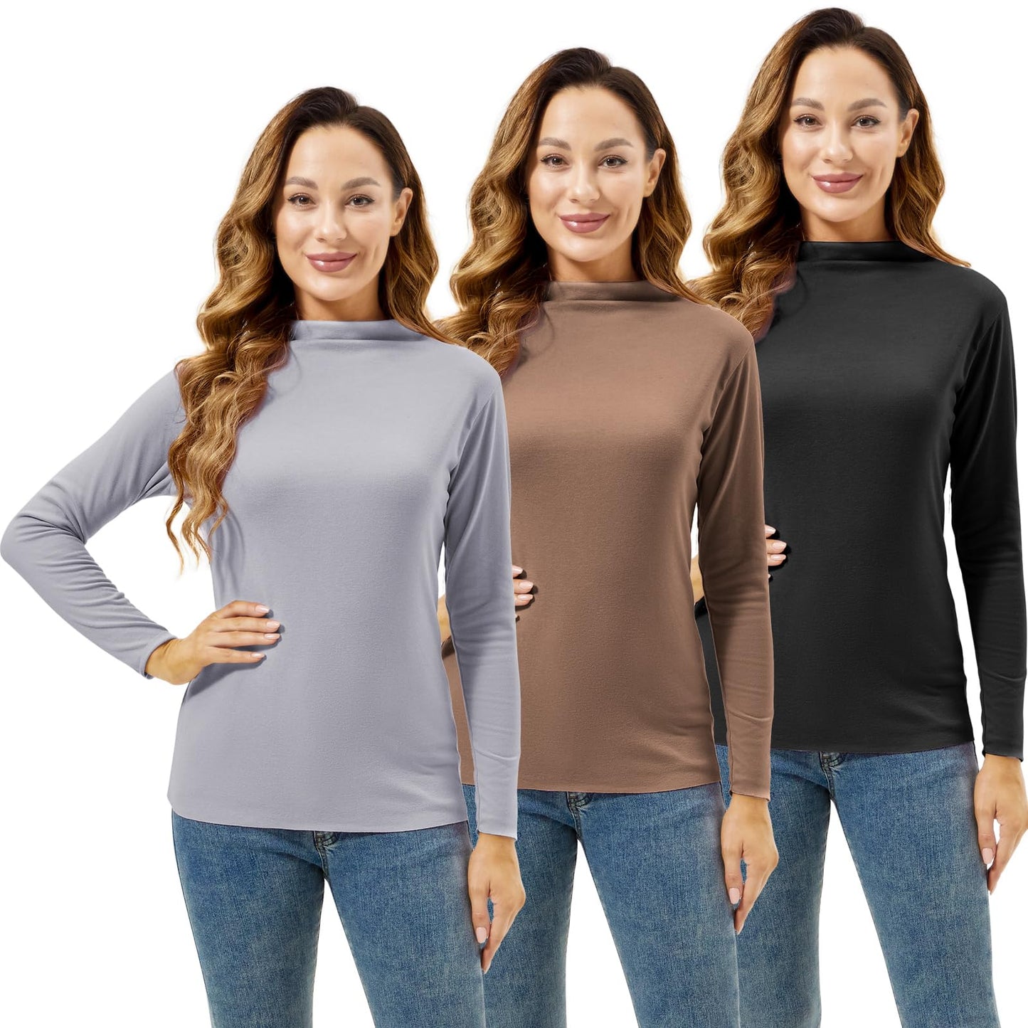 Geyoga 3 Pcs Women Mock Turtleneck Long Sleeve Shirts Neck Slim Fit Traceless Tops Winter Thermal Underwear Fleece Lined Top(Black, Grey, Coffee,L)