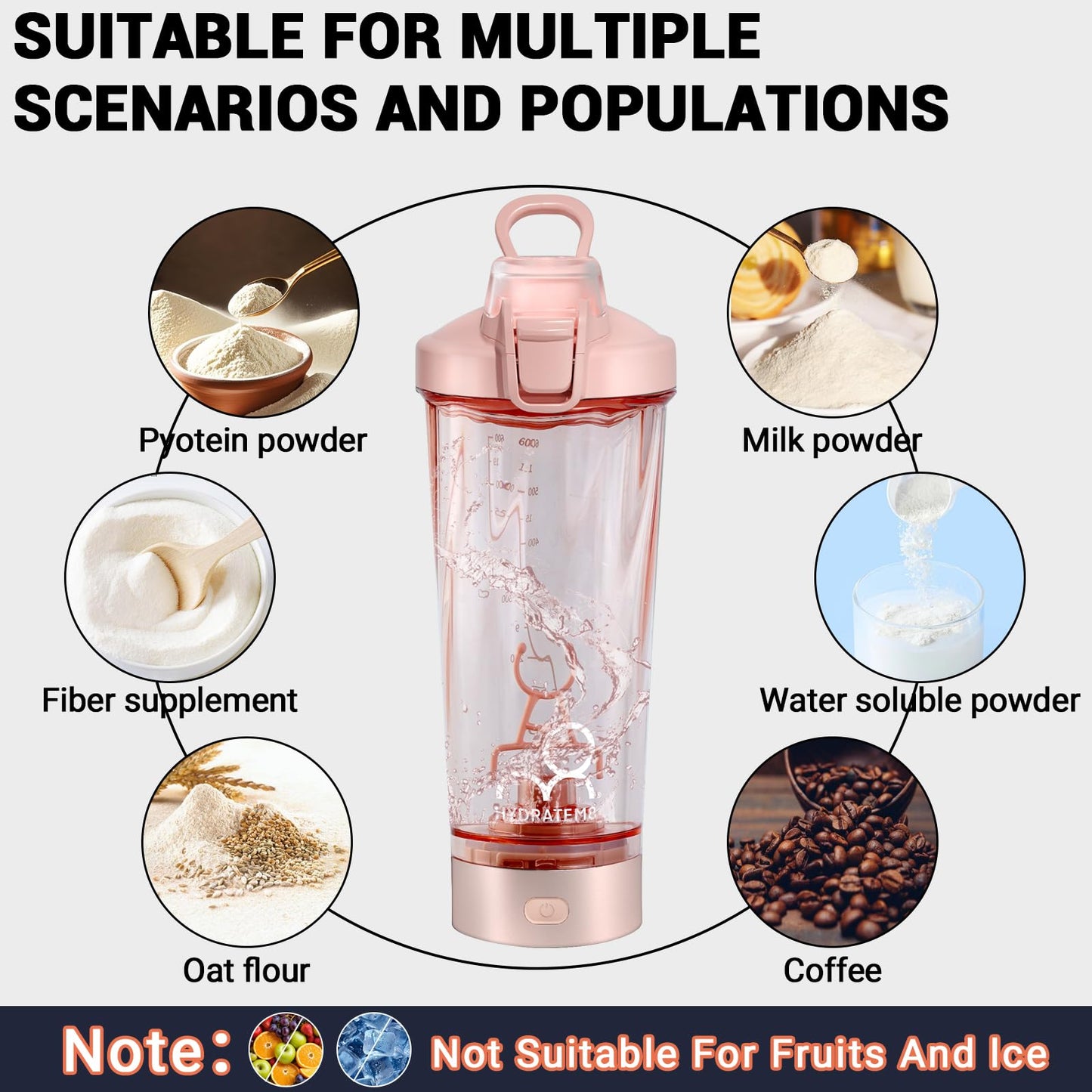 HYDRATEM8 Electric Shaker Bottle 20oz: Automatic Clump-free Nutrition Powder Vortex Blender Cup with Magnetic Charging - Leakproof & Quiet Protein Mixer - Portable Gym Gifts for Athletes/Gym/Trave