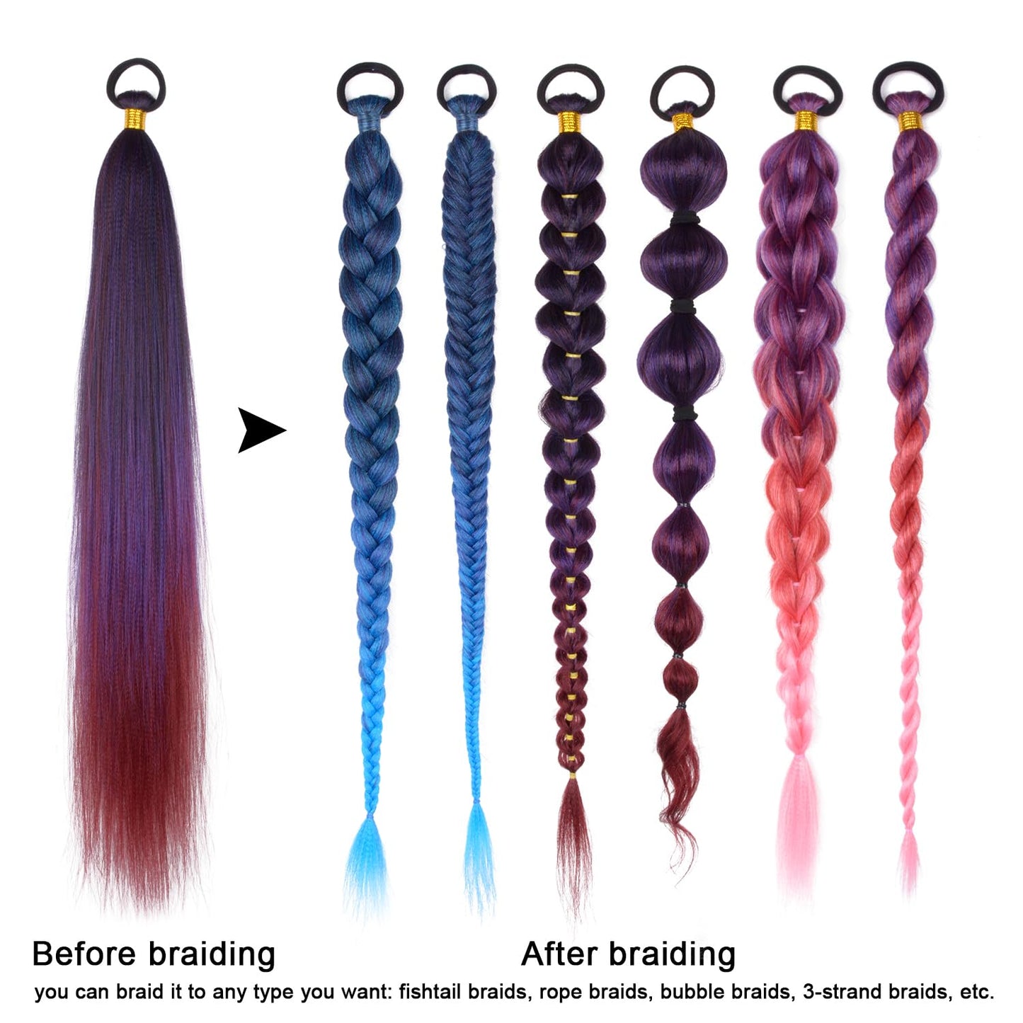 Braided Ponytail Extension with Hair Tie Purple Gradient Straight Wrap Around Hair Braid Extensions Ponytail Natural Soft Synthetic Hair Piece for Women Daily Wear (Black/Purple/Bug#)