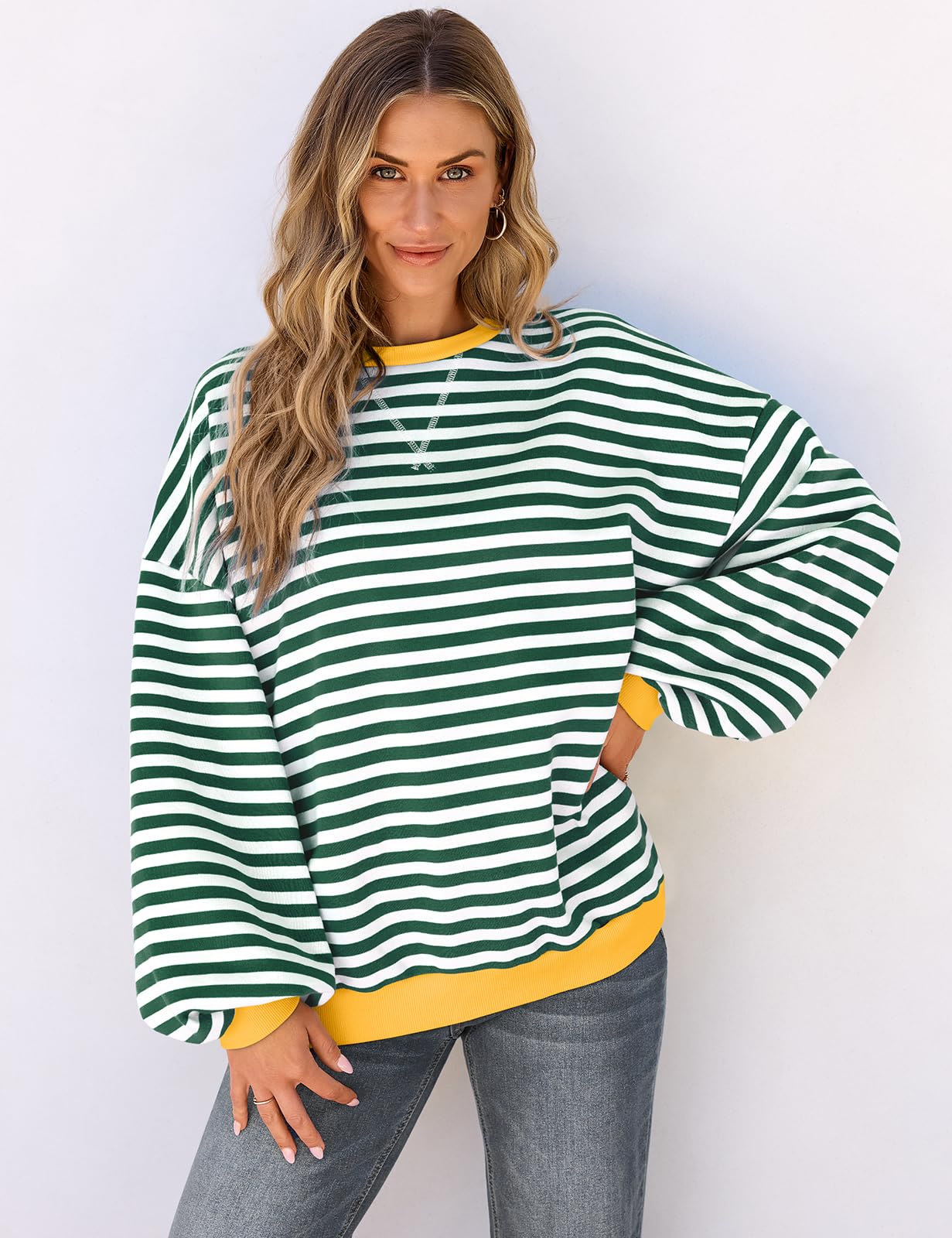 UEU Women Oversized Striped Sweatshirt Color Block Crew Neck Sweatshirt Casual Long Sleeve Pullover Shirt Green X-Large