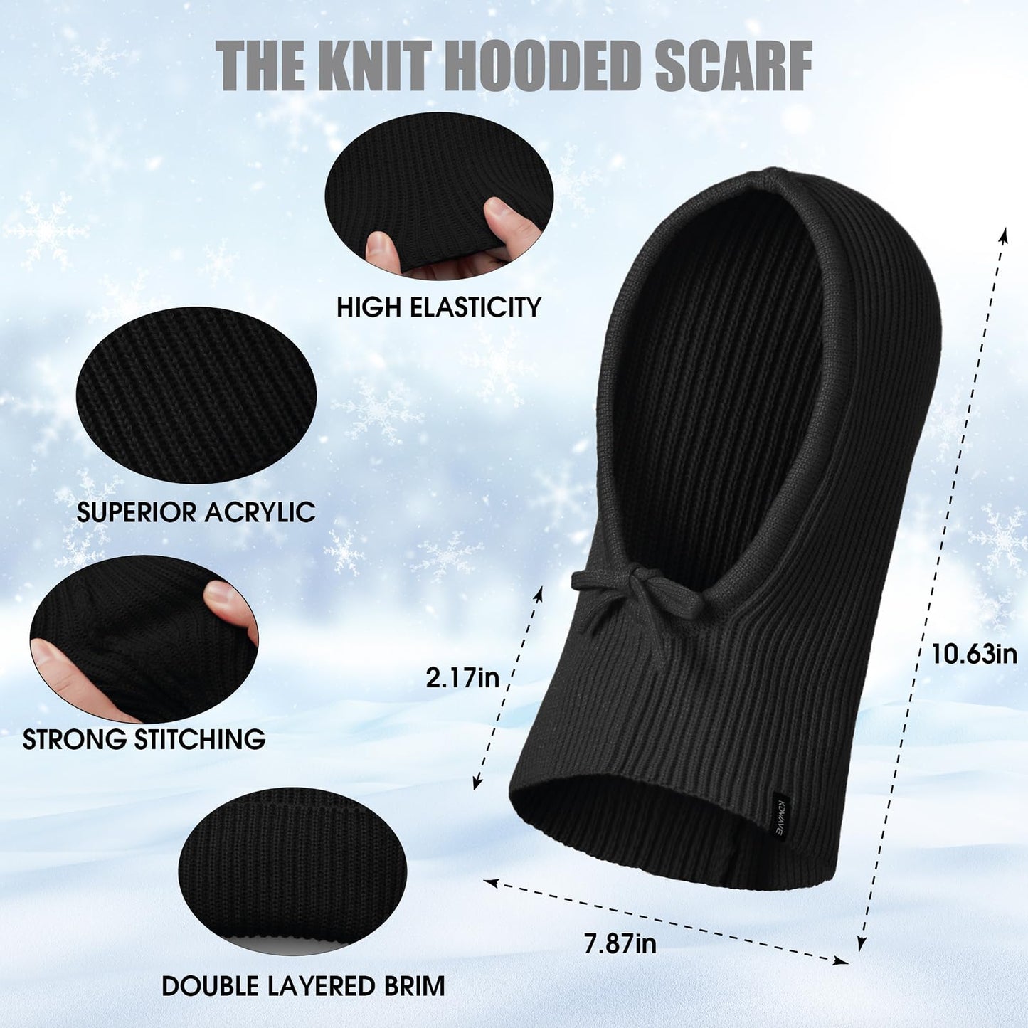 KDWAVE Knit Winter Hat for Women Men, Knitted Hood Balaclava Warm Beanie Hats Neck Ribbed Balaclavas with Drawstring, Black