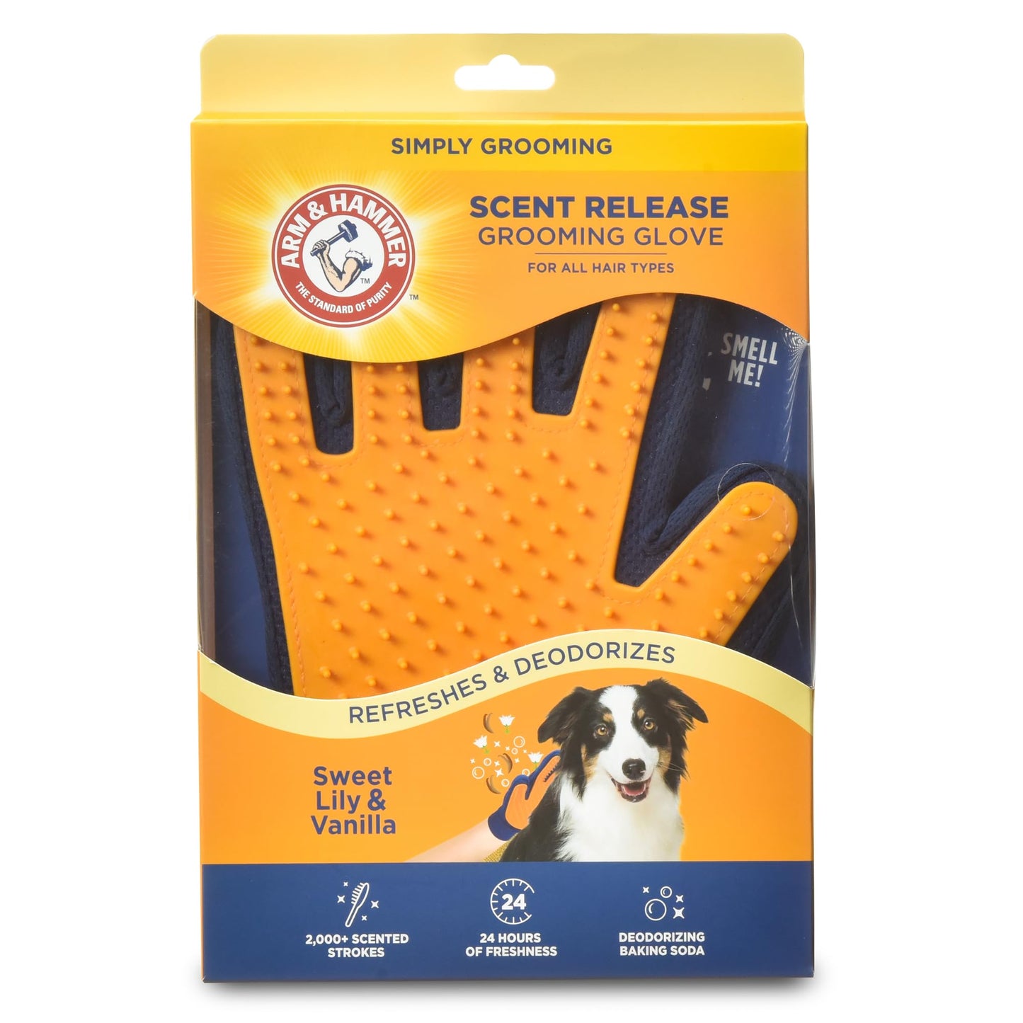 Arm & Hammer “Simply Calm” Dog Grooming Deodorizing Glove with Fragrance Transfer Technology –Scented Silicone Hand Brush for Bathing & Shedding, Sweet Lily & Vanilla Scent