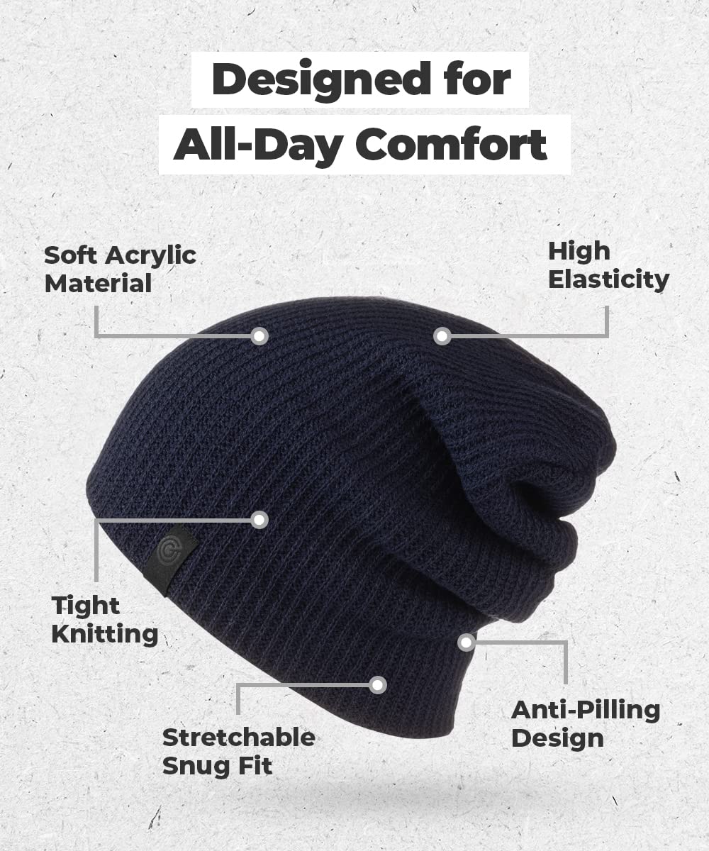 Revony Long Ribbed Beanie - Soft, Warm & Cozy - Perfect Winter Beanie for Men & Women Navy