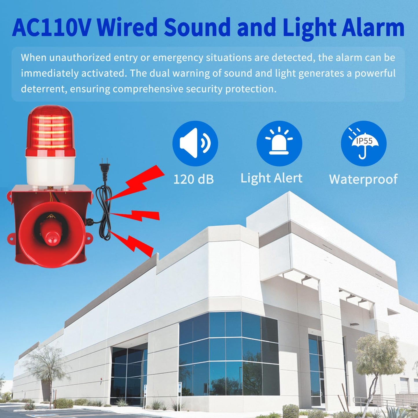 AC110V-120V Industrial Siren Alarm Strobe Light-120dB Loud Horn & Red Beacon Warning Light,Waterproof Indoor/Outdoor Safety Alarm for Emergency,Factory,Office,Fires,Tornado,Intruders,Animal Deterrent