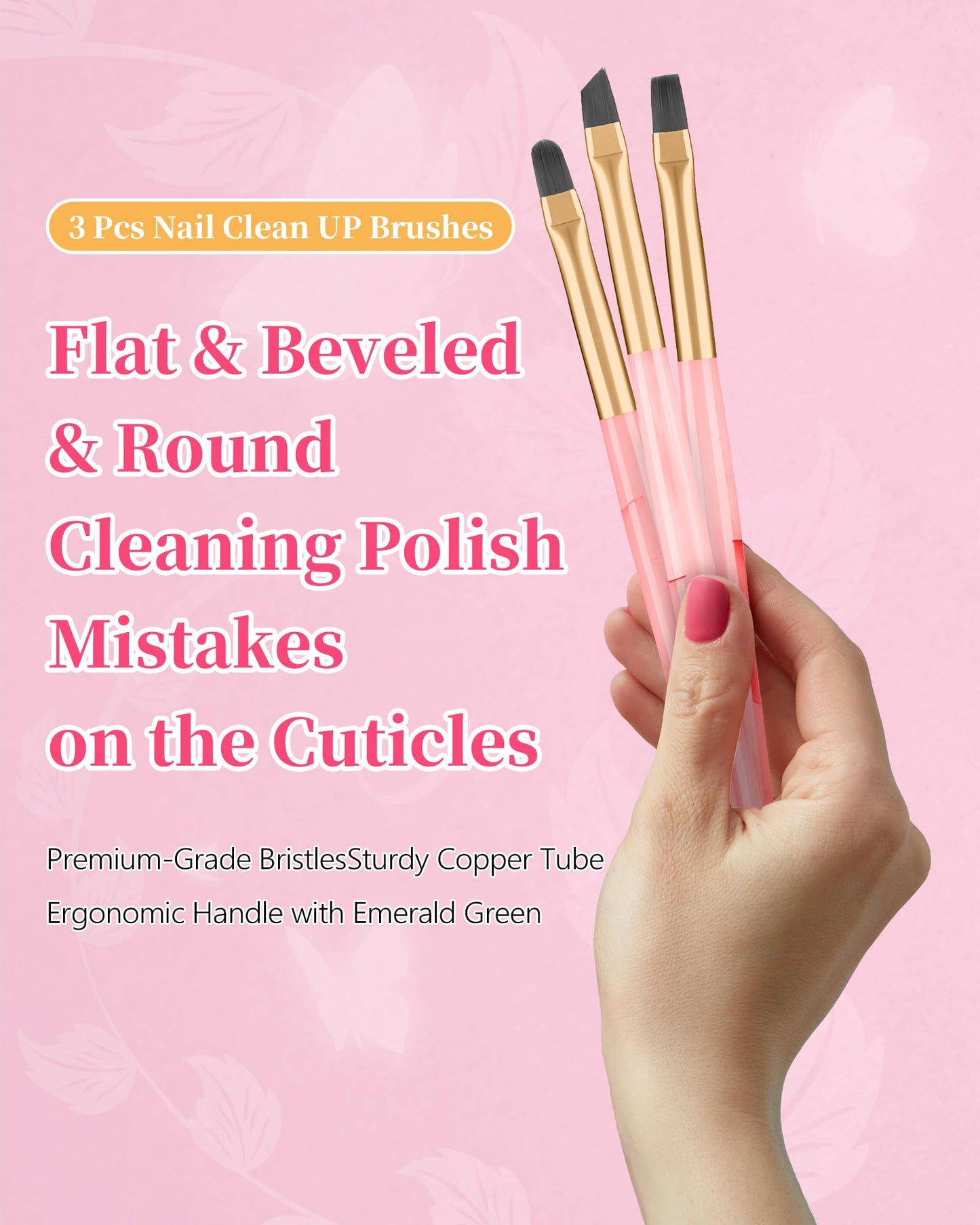 3PCS Nail Polish Clean Up Brush, Round&Falt&Angled Acetone Resistant Nail Brush for OPI Nail Polish Remover, Fingernail Cleaning Brushes at Home Nail Art and Designs(Emerald Pink)