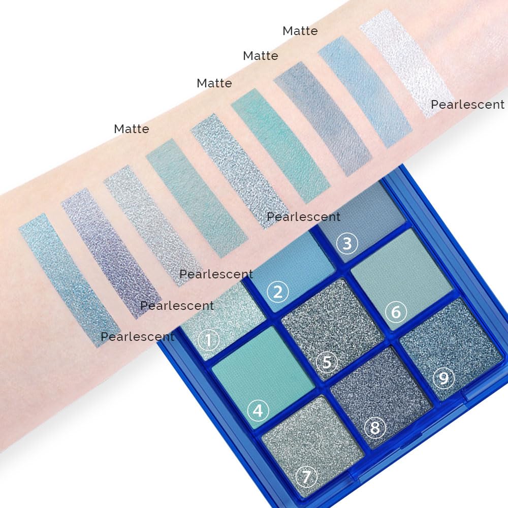 evpct 9 Colors Dark Light Royal Cobalt Blue Pearl White Glitter Shimmer Eye Shadow Makeup Palette Highly Pigmented Waterproof Blue Matte Metallic Shimmery Daily Party Sparkling Eyeshadow Palett