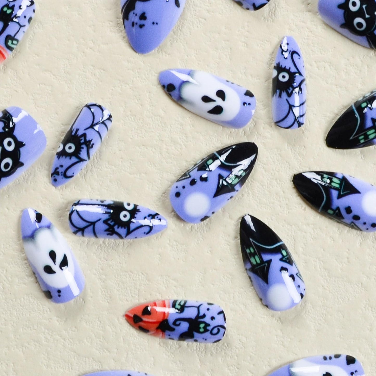 Halloween Press on Nails Medium Almond Fake Nails Purple Glue on Nails Cute Bat and Ghost Pattern Design Full Cover Stick on Nails Glossy Acrylic Halloween Nails Press ons for Women Girls 24 Pcs