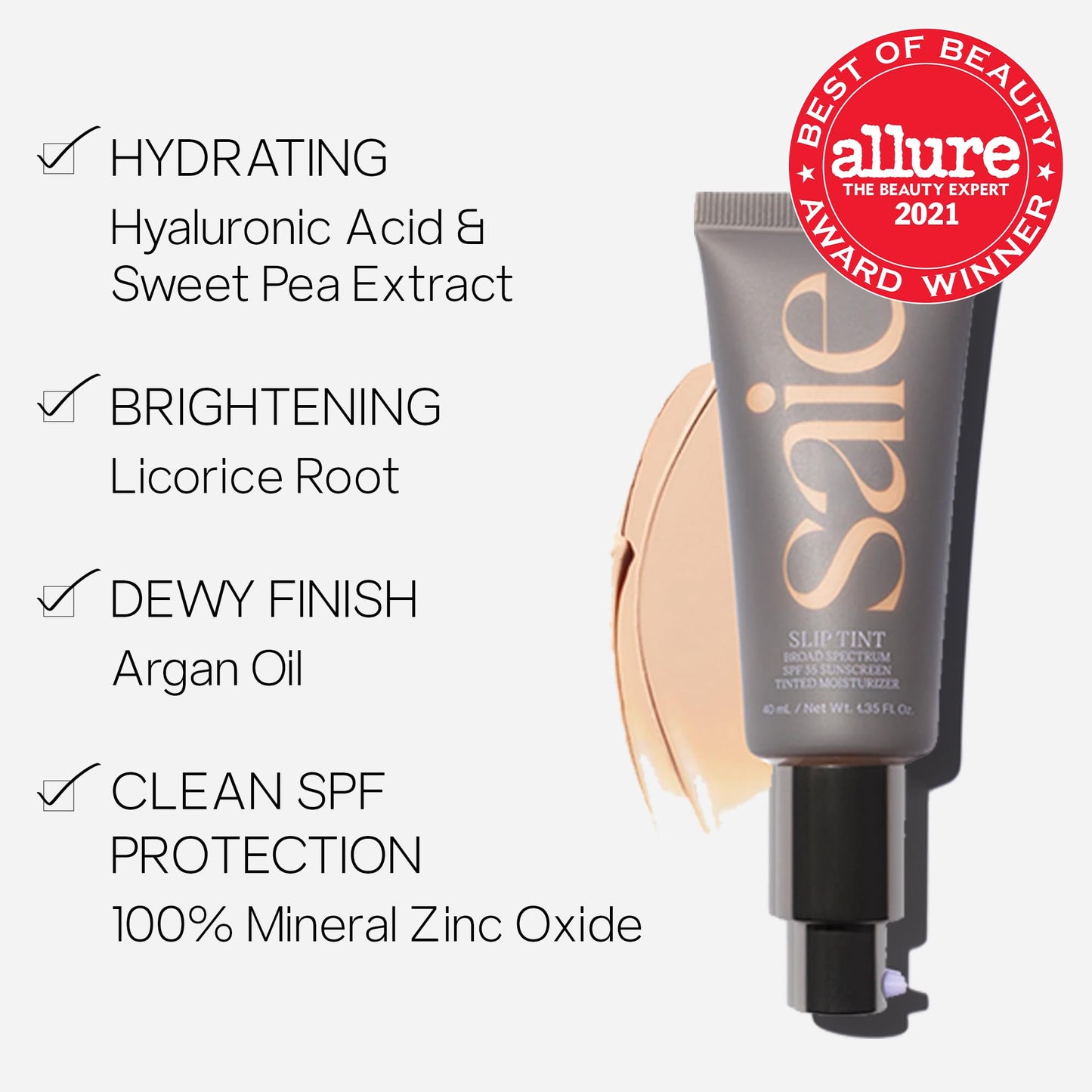 Saie Slip Tint SPF 35 Tinted Moisturizer - Light Coverage Moisturizer + Broad Spectrum Zinc Oxide Sunscreen with Hydrating Hyaluronic Acid - Shade Nine + Half (1.35 oz)
