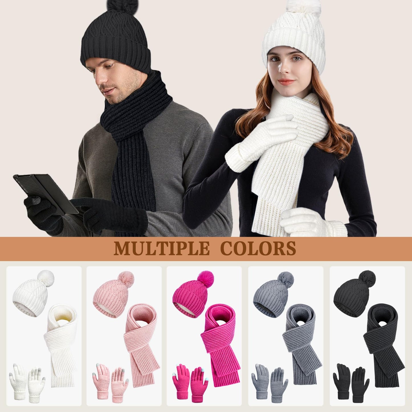 Pink Winter Knit Beanie Hat Scarf Gloves Set for Women, Fleece Lined Chunky Beanie Hats with Pom Pom Neck Warm Scarf Touchscreen Gloves 3 in 1 Set