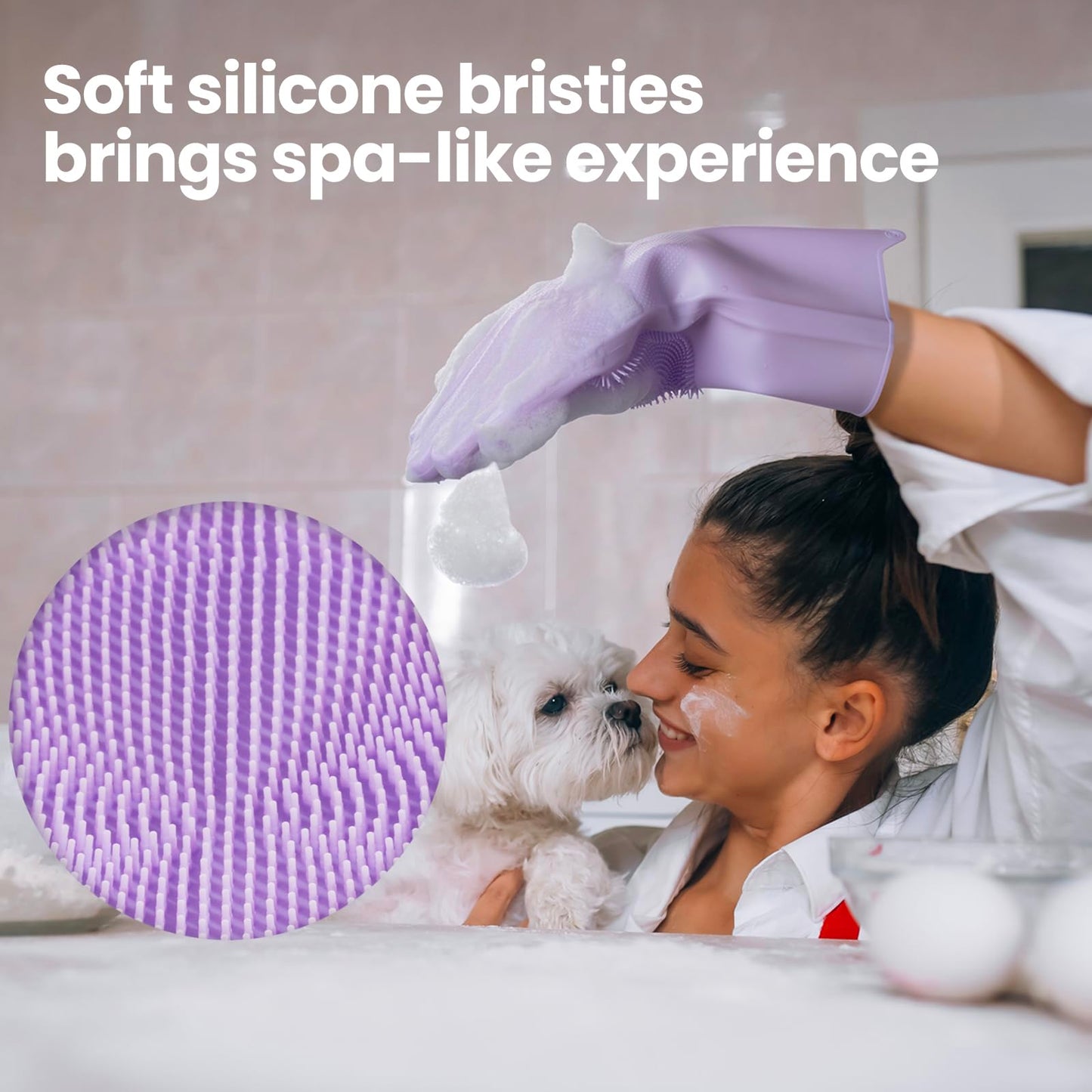 DELOMO Dog Washing Gloves 1 Pair: Soft and Gentle Silicone Pet Grooming Gloves - Bathing Scrubber Brush Mitt Grooming Shedding Fur Removal Massage for Dogs/Cats/Horse, Purple