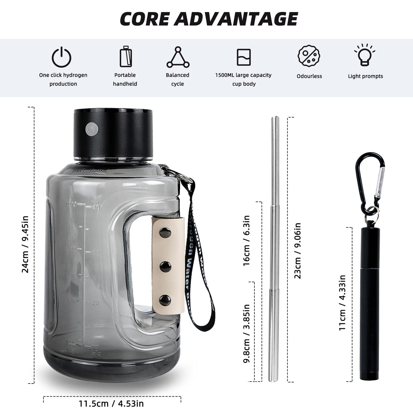 ZUCKBOX Hydrogen Water Bottle, Large Hydrogen Water Bottle Generator, Portable Rechargeable 57OZ/1.5L Hydrogen Water Machine with Foldable Straw with SPE Technology for Home, Office, Travel, Sport