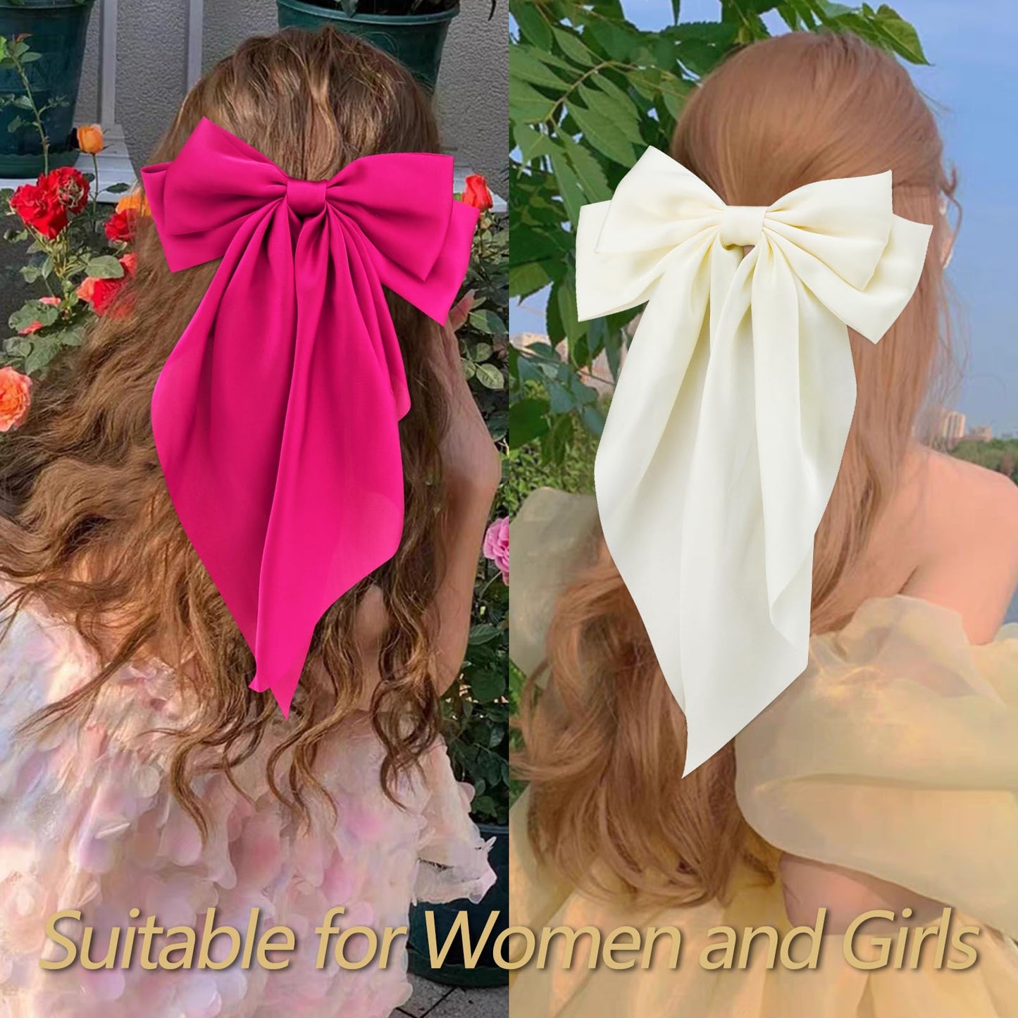 Velscrun Hair Bows for Women and Girls - 3Pcs Oversized Satin Bows in White, Black, and Rose Pink - Large Hair Clips with Long Ribbons, Barrettes, Hair Accessories Gift Set