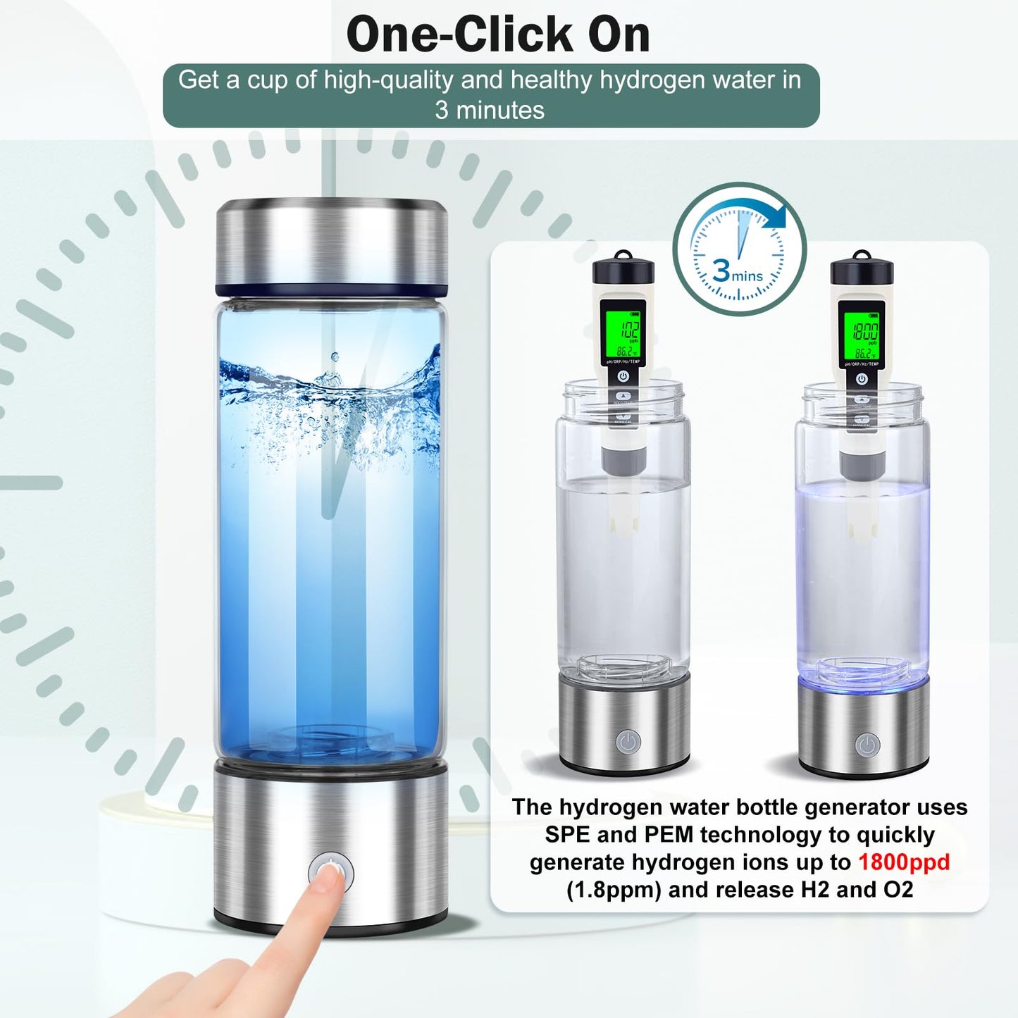 2025 Upgrade Hydrogen Water Bottle, 3 Min 1800PPB Fast Hydrogen Water Generator with SPE PEM Tech, 14oz Portable Hydro Water Machine, Rechargeable Hydrogen Rich Glass for Home Office Travel & Fitness