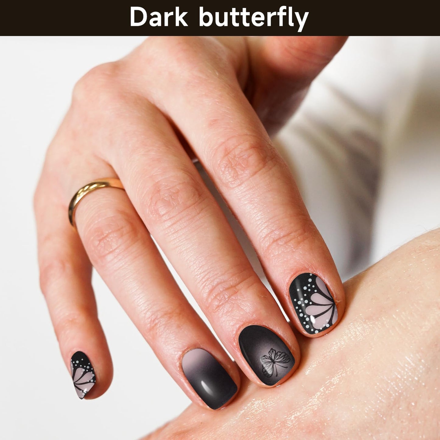 DUKASOU Semi Cured Gel Nail Strips, Dark Butterfly | 28 pcs Gel Nail Strips Work with Any UV Lamp, Salon Quality UV Gel Nail Stickers, Easy to Apply for Home Nails DIY